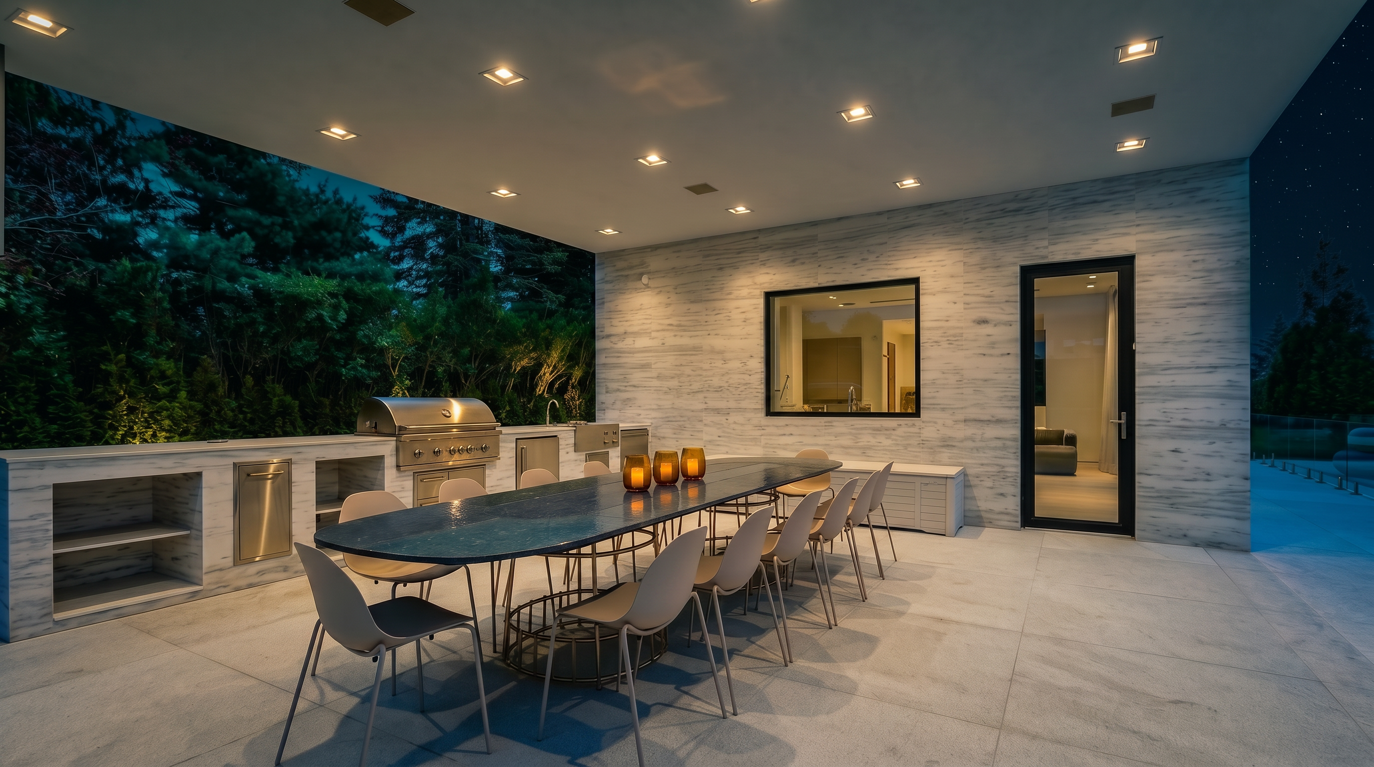 This expansive covered outdoor patio features a sleek, modern aesthetic with light-toned stone flooring and a matching stone-clad wall. The space is equipped with a built-in stainless steel grill station and a long, dark-topped dining table surrounded by minimalist chairs, perfect for al fresco entertaining. The area is open to a lush green backyard, creating a seamless transition between indoor luxury and outdoor relaxation.
