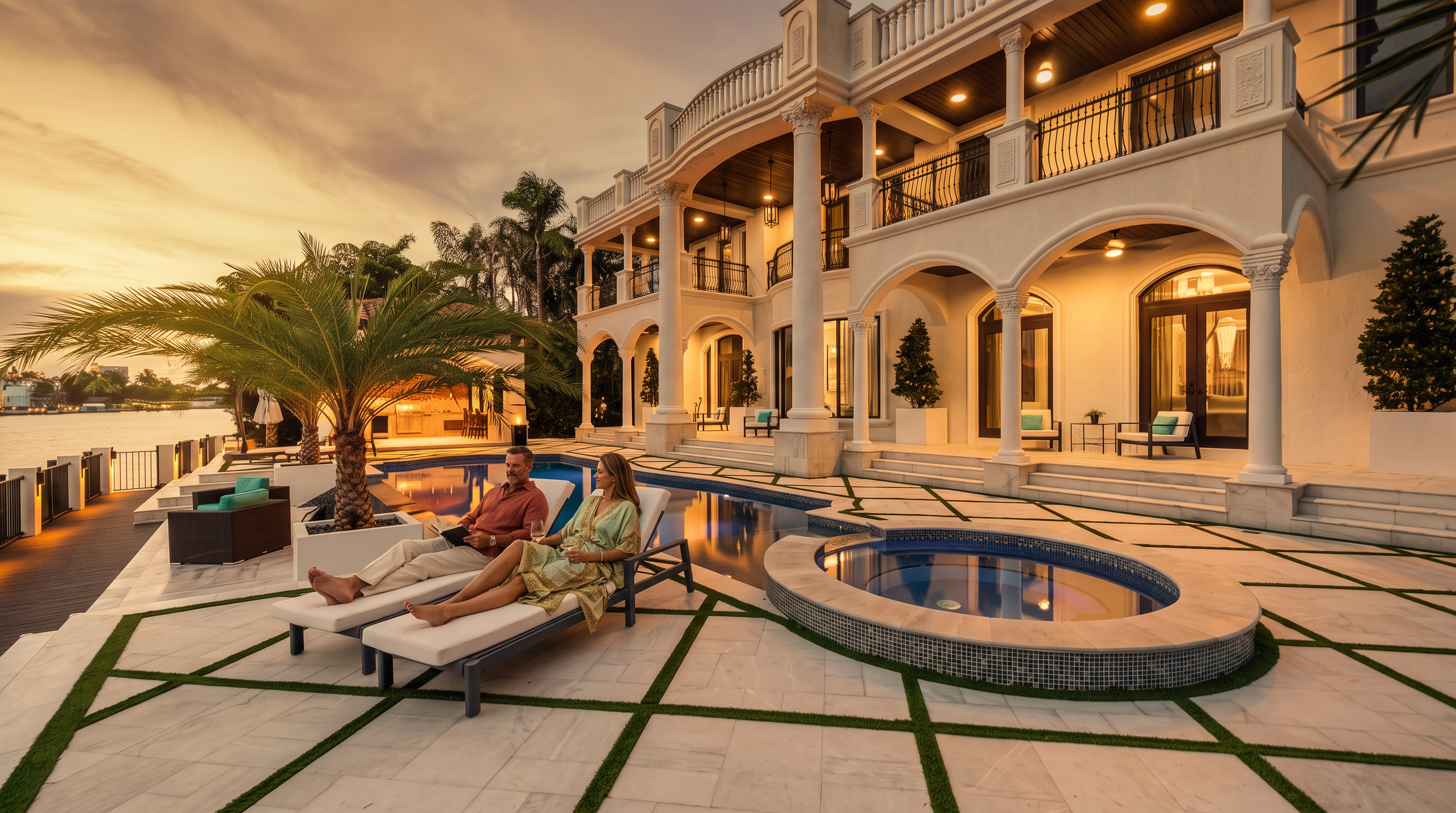 This luxurious waterfront estate features a sprawling rear patio with a custom-shaped swimming pool and a circular integrated spa. The architecture showcases grand columns, multiple balconies with iron railings, and large glass doors that open to the outdoor living space. The scene is captured at twilight, highlighting the elegant lighting and the serene view of the adjacent waterway.