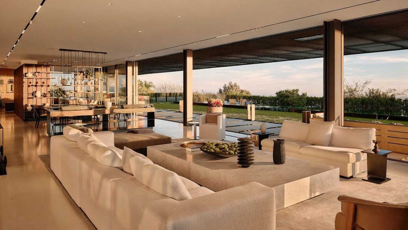This expansive, modern living room features an open-concept design that seamlessly blends indoor and outdoor living through floor-to-ceiling glass walls. The space is anchored by a large, light-toned stone coffee table and plush white sofas, creating a sophisticated and airy atmosphere. Beyond the glass, a manicured lawn and scenic horizon view provide a serene backdrop, emphasizing the home's luxurious and architectural aesthetic.