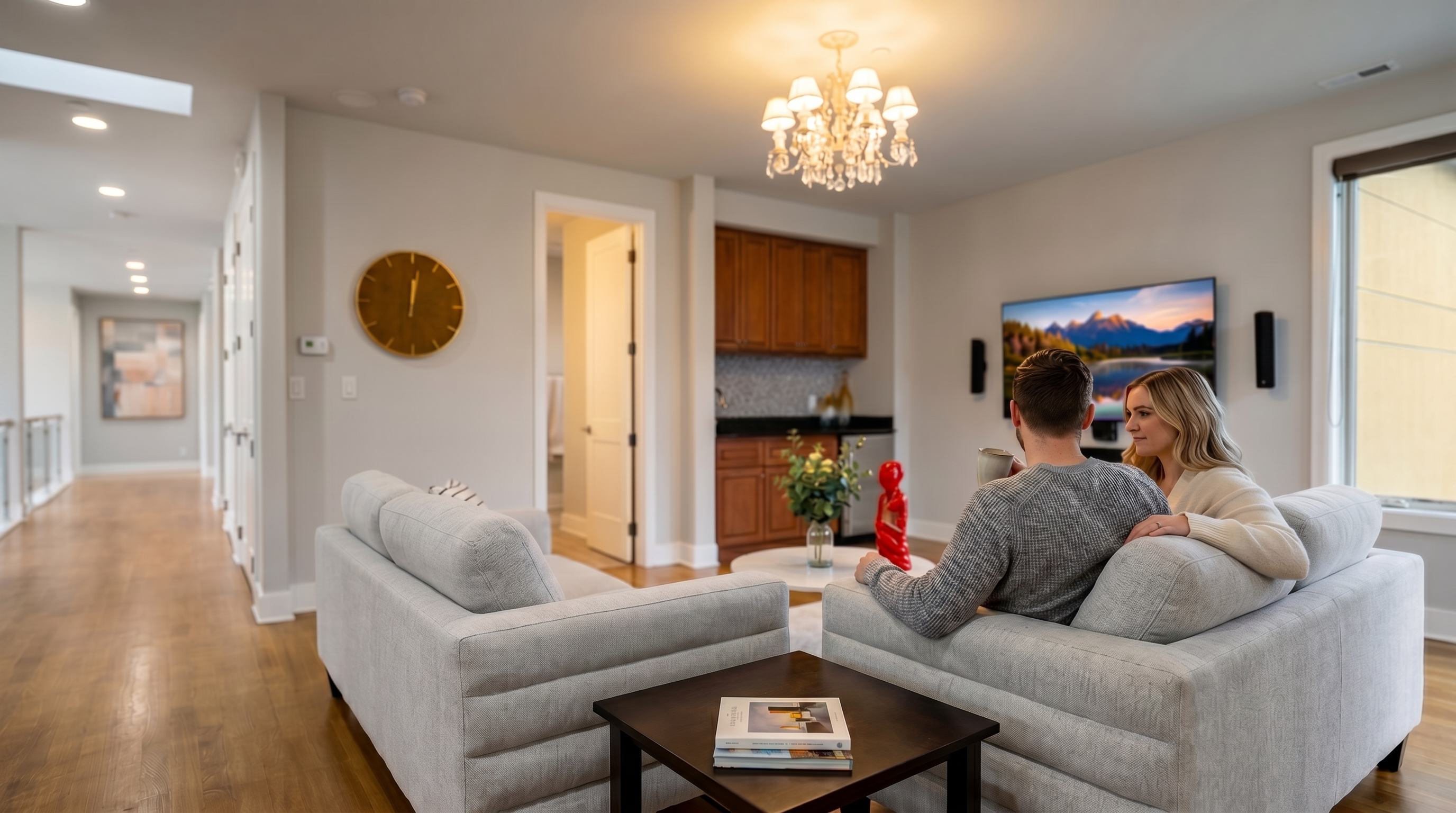 This bright and open living room features light-toned hardwood flooring and neutral walls, creating a clean and inviting atmosphere. The space is furnished with two light-colored sofas arranged around a central area, with a wet bar featuring wooden cabinetry and a dark countertop tucked into the corner. A large television is mounted on the wall, and a crystal chandelier adds a touch of elegance to the room, which flows seamlessly into a hallway on the left.