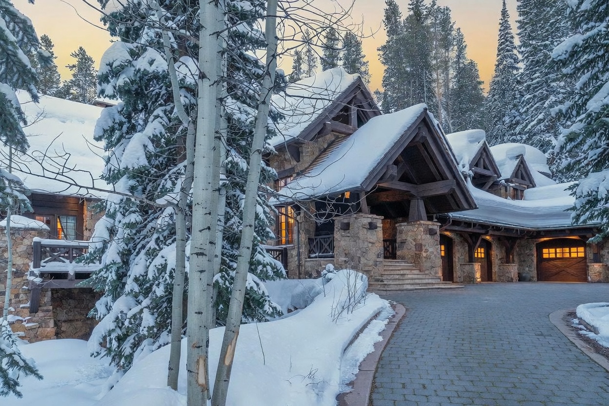 This mountain-style residence features a rugged stone and timber exterior, nestled within a snow-covered forest setting. The front entryway is highlighted by a prominent, heavy timber-framed portico leading to a stone-paved driveway and attached garage bays. The scene captures a serene, wintry atmosphere with deep snow blanketing the landscape and the home's rooflines.