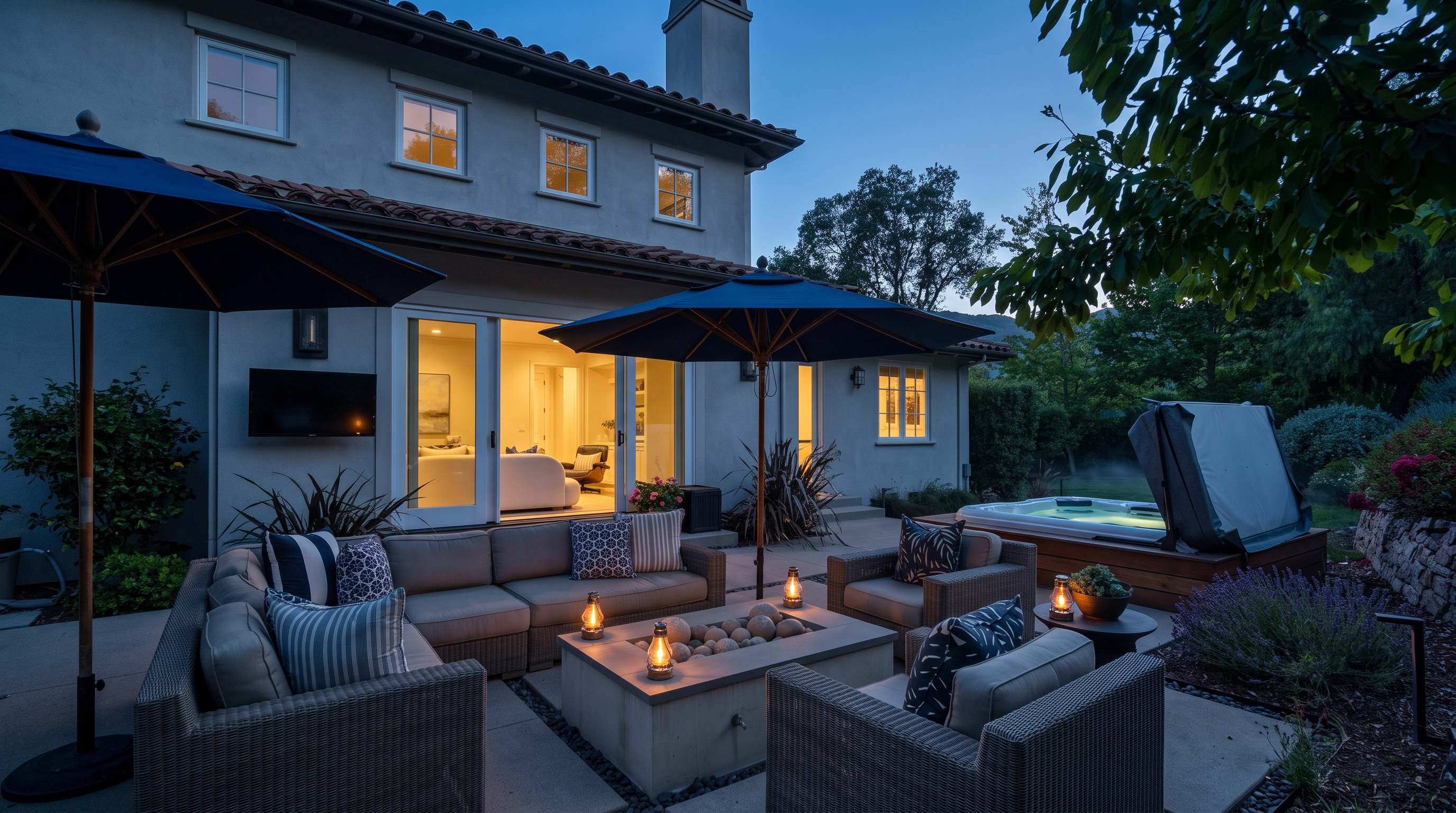 This inviting outdoor living space features a comfortable wicker sectional and matching armchairs arranged around a central rectangular fire pit filled with decorative stones. A large blue umbrella provides shade over the seating area, which sits on a paved patio adjacent to the home's sliding glass doors. In the background, a hot tub is nestled near a stone retaining wall, creating a serene and well-manicured backyard retreat.