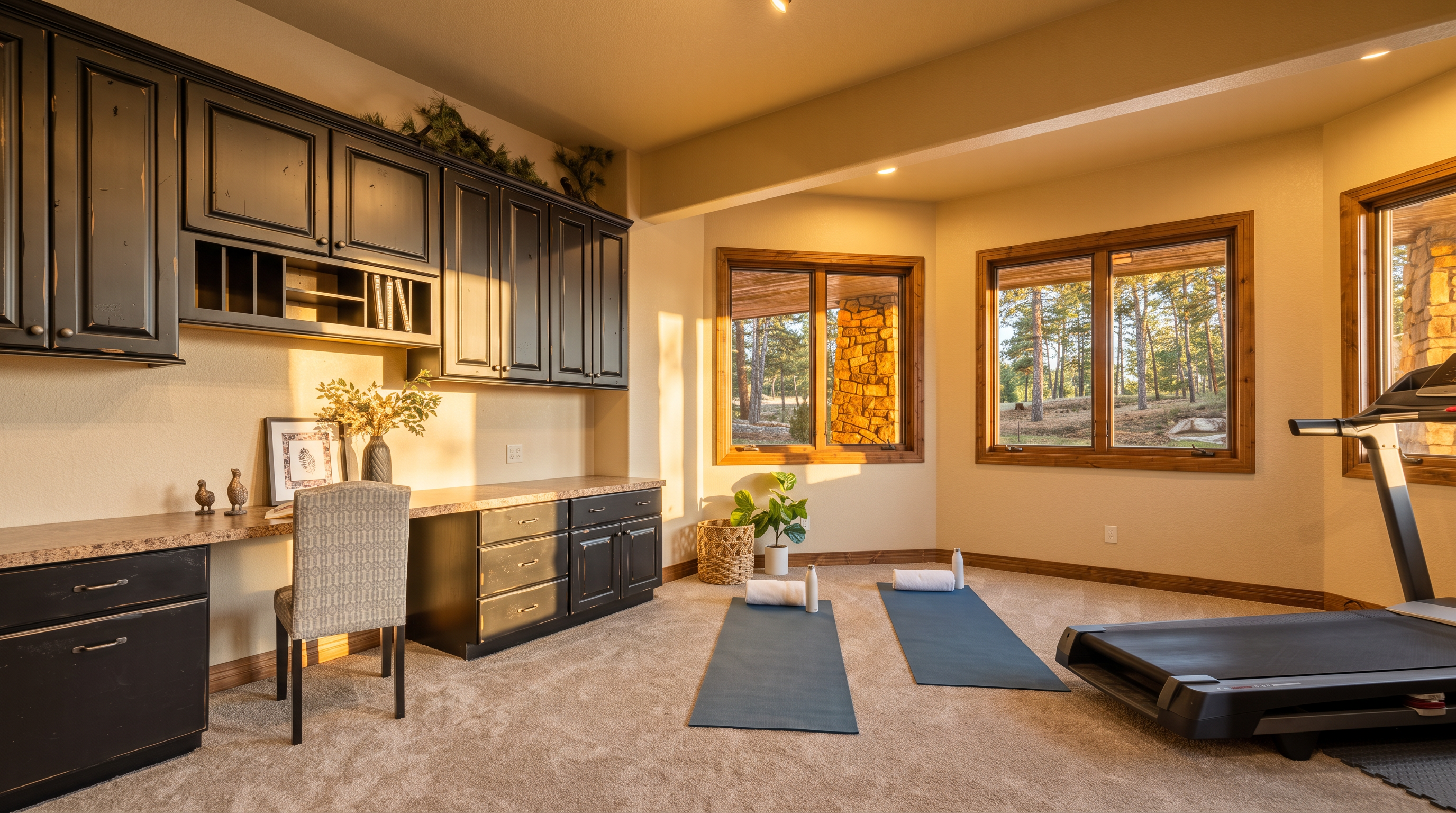 This versatile room functions as both a home office and a fitness space, featuring dark cabinetry with a stone-look countertop and a patterned chair. The open area includes two yoga mats laid out on the carpeted floor, with a treadmill positioned near large windows that offer a view of the surrounding trees. The neutral wall color and wood-trimmed windows create a warm, functional environment suitable for multi-purpose use.