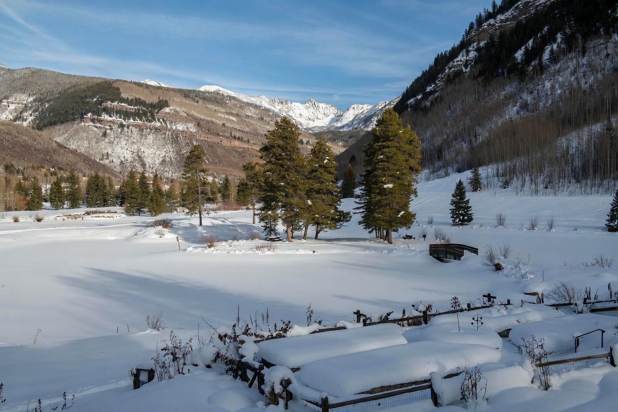 This expansive, snow-covered landscape captures a serene winter scene with a frozen pond in the foreground and a cluster of tall pine trees standing as a focal point. In the distance, majestic, snow-capped mountain peaks rise against a clear blue sky, creating a dramatic and picturesque backdrop. The perspective is elevated, likely from a nearby residence, showcasing the vast natural beauty and quiet seclusion of the property.