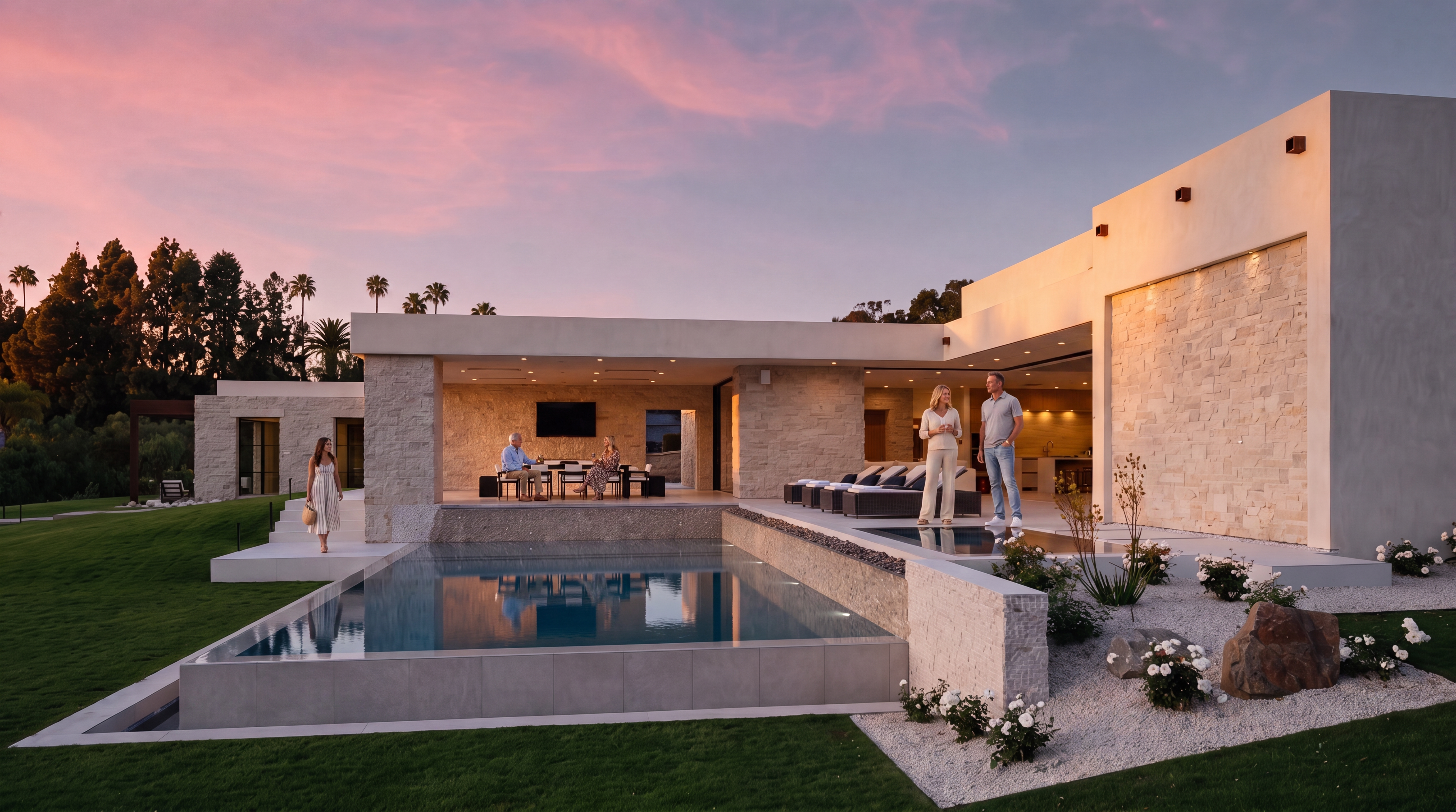 This modern luxury estate features a sprawling rear exterior with a seamless transition between indoor and outdoor living spaces. The design highlights a large infinity-edge pool, a covered patio area with an outdoor dining set, and stone-clad walls that provide a sophisticated, textured aesthetic. The expansive lawn and manicured landscaping create a serene, resort-like atmosphere perfect for entertaining.