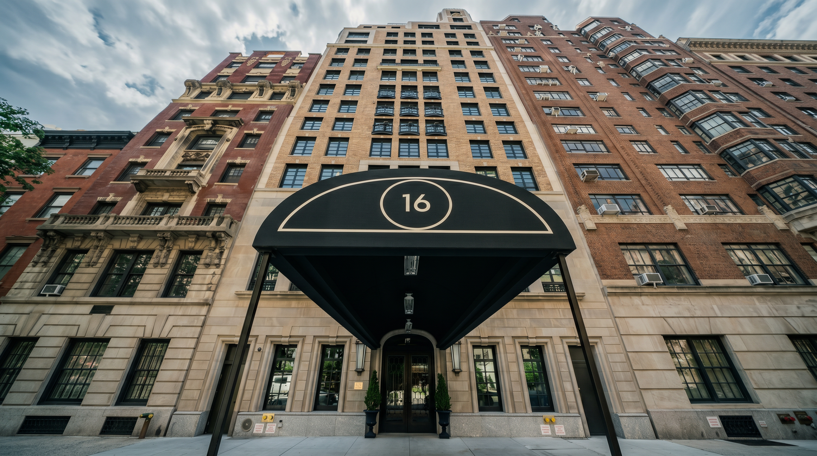 This low-angle, cinematic shot captures the grand entrance of a classic pre-war apartment building, featuring a prominent black awning marked with the number 16. The facade is constructed of light-colored stone at the base, transitioning into a tall, multi-story brick structure with symmetrical rows of windows. Two potted topiary trees flank the glass-paned double doors, creating an inviting and sophisticated urban arrival experience.