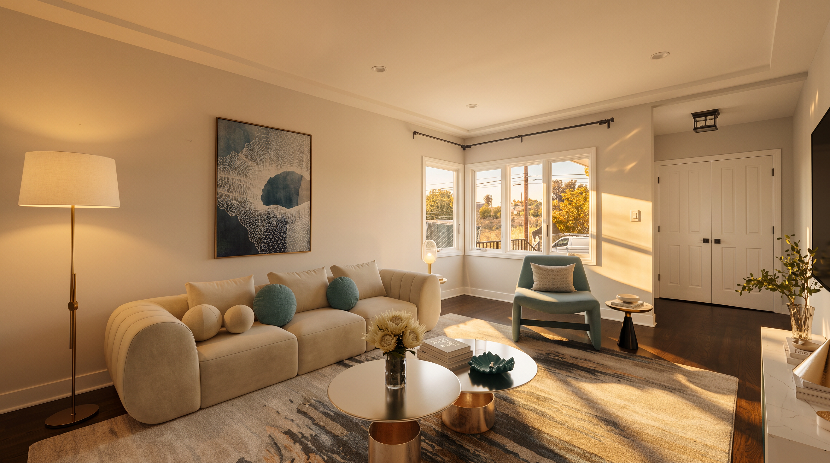 This bright and modern living room features a neutral-toned, curved sectional sofa accented with blue throw pillows, centered around a pair of circular coffee tables. The space is anchored by a large, abstract-patterned area rug over dark hardwood floors, with a tall floor lamp and a blue accent chair completing the seating arrangement. Large windows allow natural light to fill the room, which is decorated with a piece of blue-toned wall art and a small plant, creating a clean and inviting atmosphere.