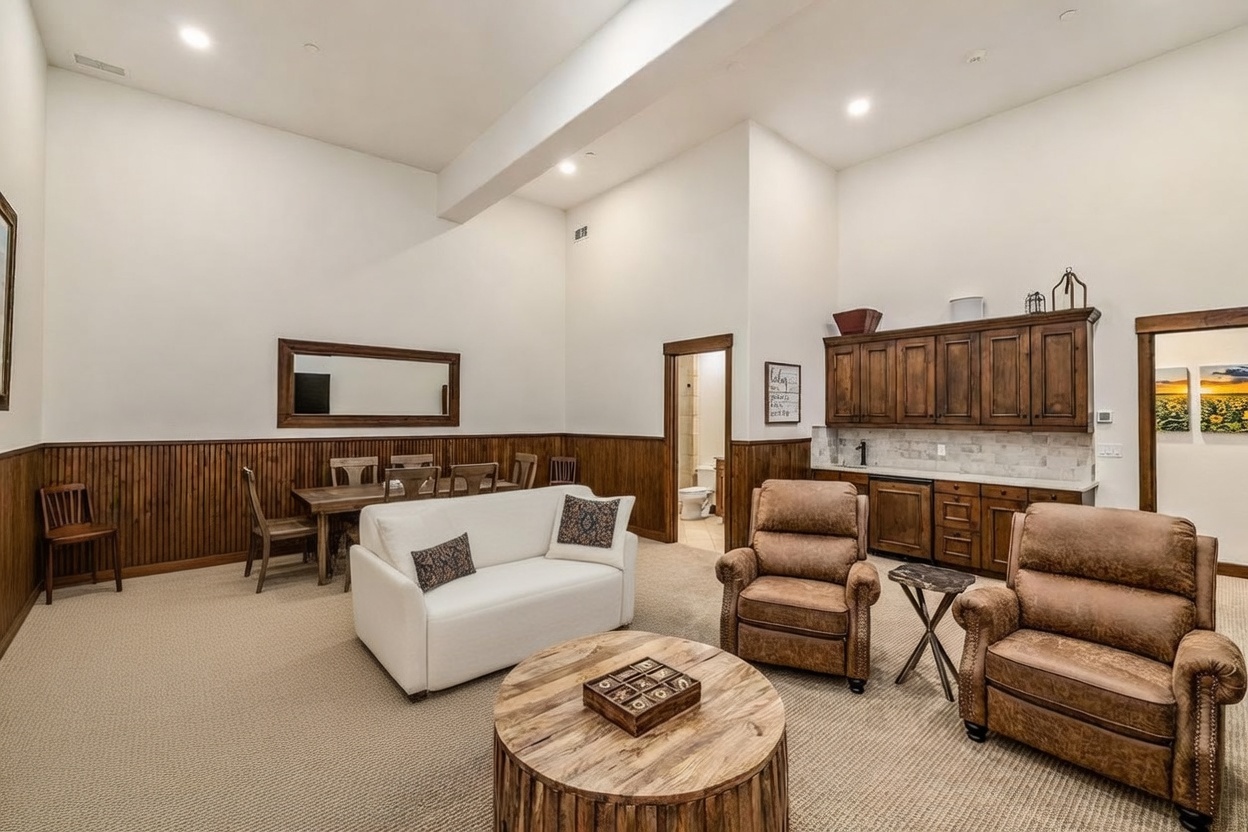 This spacious living room features a vaulted ceiling and a warm, inviting atmosphere with a large white sectional sofa and two brown leather recliners arranged around a circular wooden coffee table. A wet bar with dark wood cabinetry and a stone backsplash sits along the back wall, while a dining area is visible in the background against wood-paneled walls. The room is well-lit by recessed lighting and a table lamp, creating a comfortable space for relaxation and entertaining.
