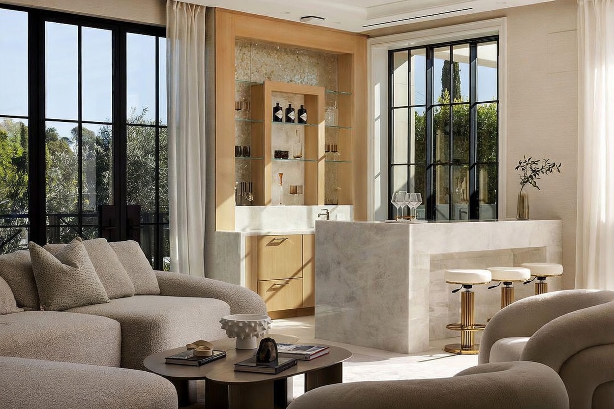 This sophisticated living space features a built-in wet bar with light wood cabinetry, glass shelving, and a stone countertop, serving as a focal point against the wall. The room is furnished with plush, neutral-toned curved sofas and a modern, multi-tiered coffee table, creating an inviting atmosphere. Large, black-framed windows allow for ample natural light and provide views of the lush greenery outside, while three sleek bar stools with gold accents complete the bar area.