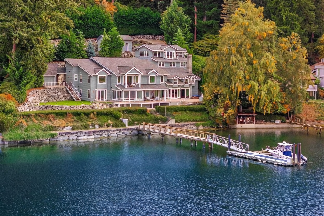 This aerial perspective captures a sprawling, multi-level waterfront residence nestled into a lush, tree-lined hillside. The home features a classic shingled exterior, numerous gabled rooflines, and an expansive deck overlooking a private dock with a moored boat. The serene lake setting, combined with the terraced landscaping and stone retaining walls, creates a picturesque and tranquil atmosphere.