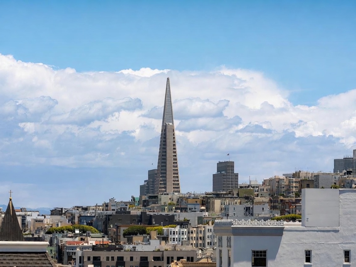 This elevated perspective captures a panoramic cityscape dominated by the iconic Transamerica Pyramid rising above a dense urban neighborhood. The foreground features the rooftops of various residential and commercial buildings, showcasing the architectural diversity of the city. The scene is set against a bright blue sky filled with scattered, fluffy white clouds, providing a clear and expansive view of the urban landscape.