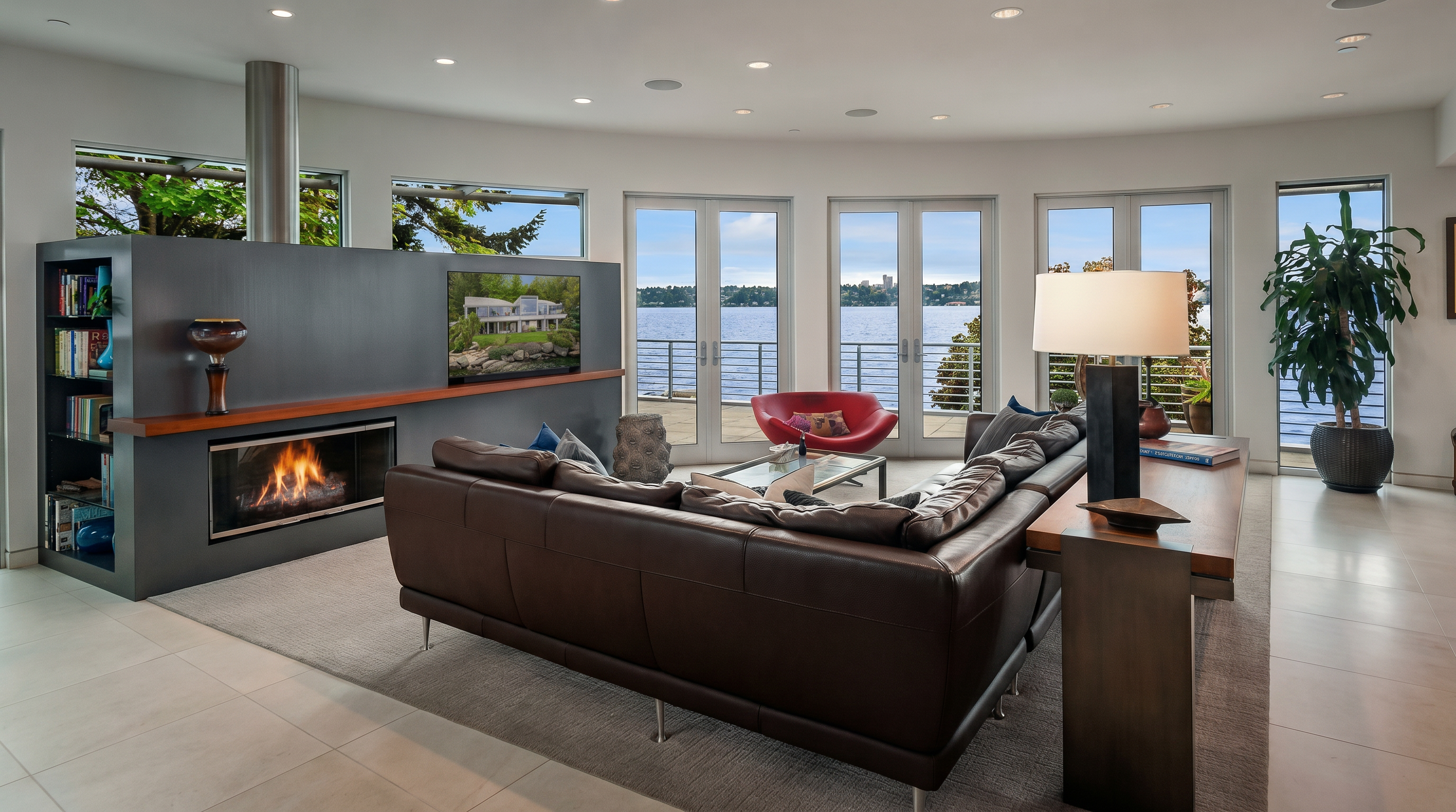 This contemporary living room features a large, dark-toned partition wall that houses a built-in fireplace and a television, creating a distinct focal point. A spacious brown leather sectional sofa faces the fireplace, while a wall of large windows and glass doors provides expansive views of the water and outdoor deck. The room is finished with light-colored tile flooring and recessed lighting, offering a bright and airy atmosphere.
