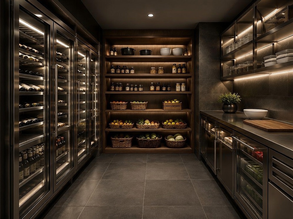 This sophisticated, modern walk-in pantry features a symmetrical layout with integrated glass-front wine refrigeration on the left and open shelving for dry goods and produce in the center. To the right, a dark stone countertop provides a functional workspace, complemented by illuminated upper shelving and under-cabinet lighting. The space is finished with dark, moody tones and large-format floor tiles, creating a high-end, organized culinary environment.