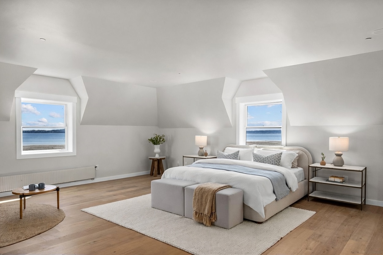 This spacious primary bedroom features light wood flooring and a neutral color palette, centered around a plush bed with a curved headboard. Two large windows on either side of the bed offer expansive views of the water, filling the room with natural light. The room is accented by minimalist nightstands, a small circular side table, and a pair of upholstered benches at the foot of the bed, creating a serene and airy atmosphere.