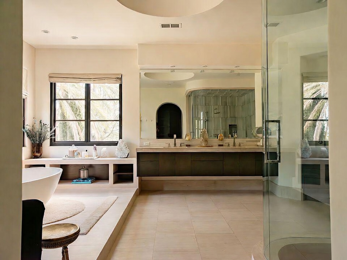 This spacious primary bathroom features a floating dual-sink vanity with dark cabinetry and a large, expansive mirror. To the left, a freestanding soaking tub sits on a raised platform near a large window, while a glass-enclosed shower is positioned on the right. The room is finished with light-toned tile flooring and neutral walls, creating a bright and serene atmosphere.