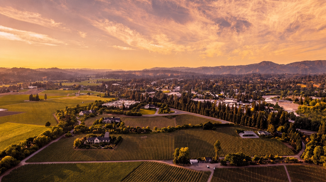 This stunning aerial view captures a sprawling vineyard estate set against a backdrop of rolling hills during a golden hour sunset. The property features neatly manicured rows of grapevines, established trees, and multiple residences, offering a serene and luxurious rural setting. The expansive landscape and picturesque lighting create an inviting atmosphere suitable for a premium agricultural or residential property listing.