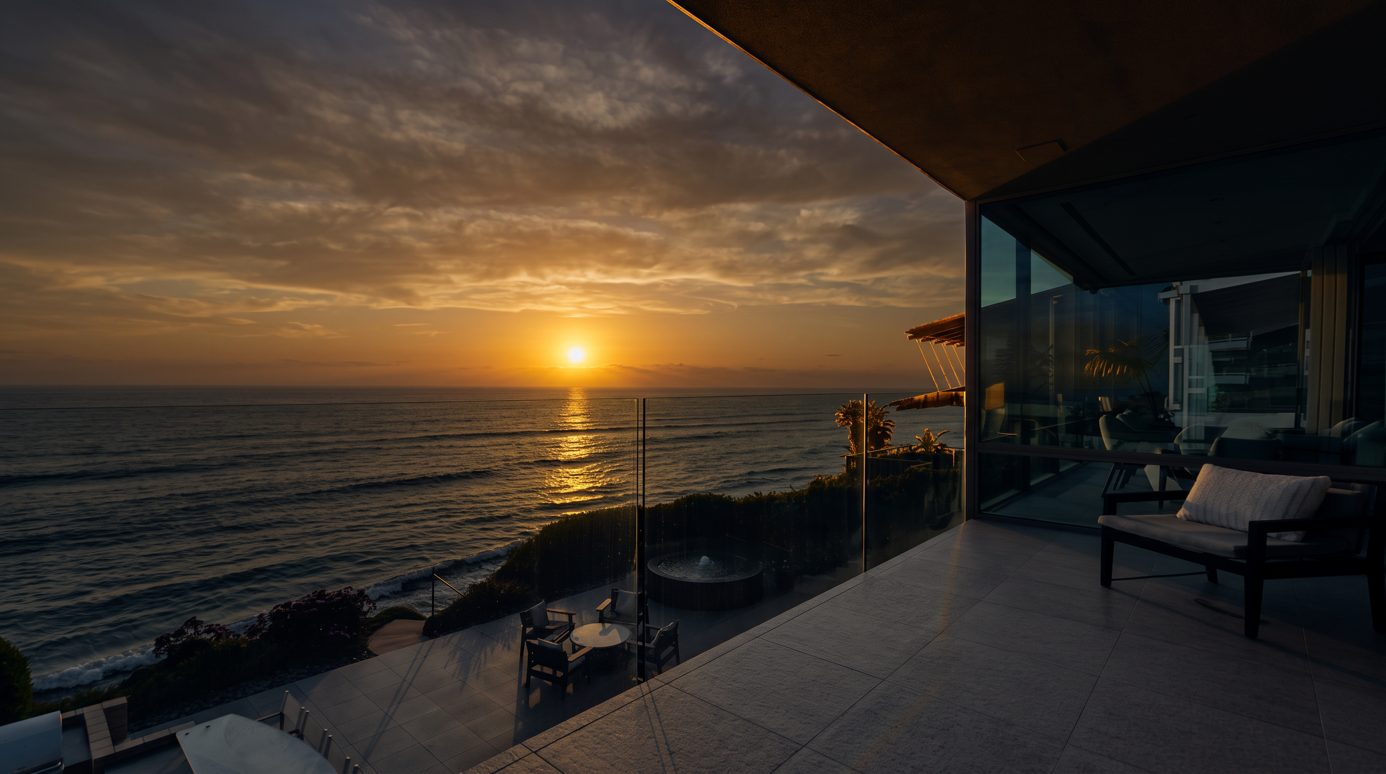 This elevated balcony offers a panoramic, unobstructed view of the ocean at sunset, featuring a sleek glass railing that maintains the visual connection to the horizon. The space is furnished with modern outdoor seating, including dark-framed chairs with light cushions, and overlooks a lower patio area with a circular water feature. The perspective is cinematic, capturing the transition from the shaded, contemporary balcony to the expansive, sun-drenched coastal landscape.
