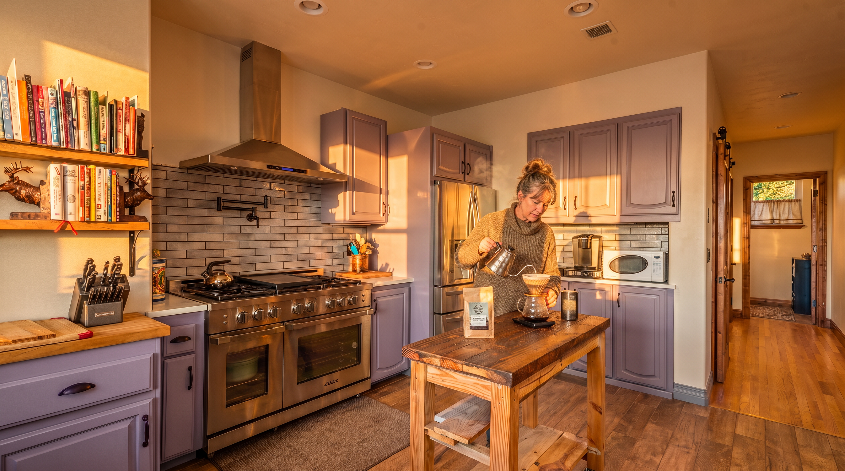 This charming country-style kitchen features eye-catching lavender cabinetry paired with stainless steel appliances and an industrial-style gas range. The space includes a rustic wooden kitchen island, open shelving decorated with cookbooks, and a classic brick-style backsplash, creating a warm and inviting atmosphere. Durable wood-look flooring and recessed lighting complete the functional design.