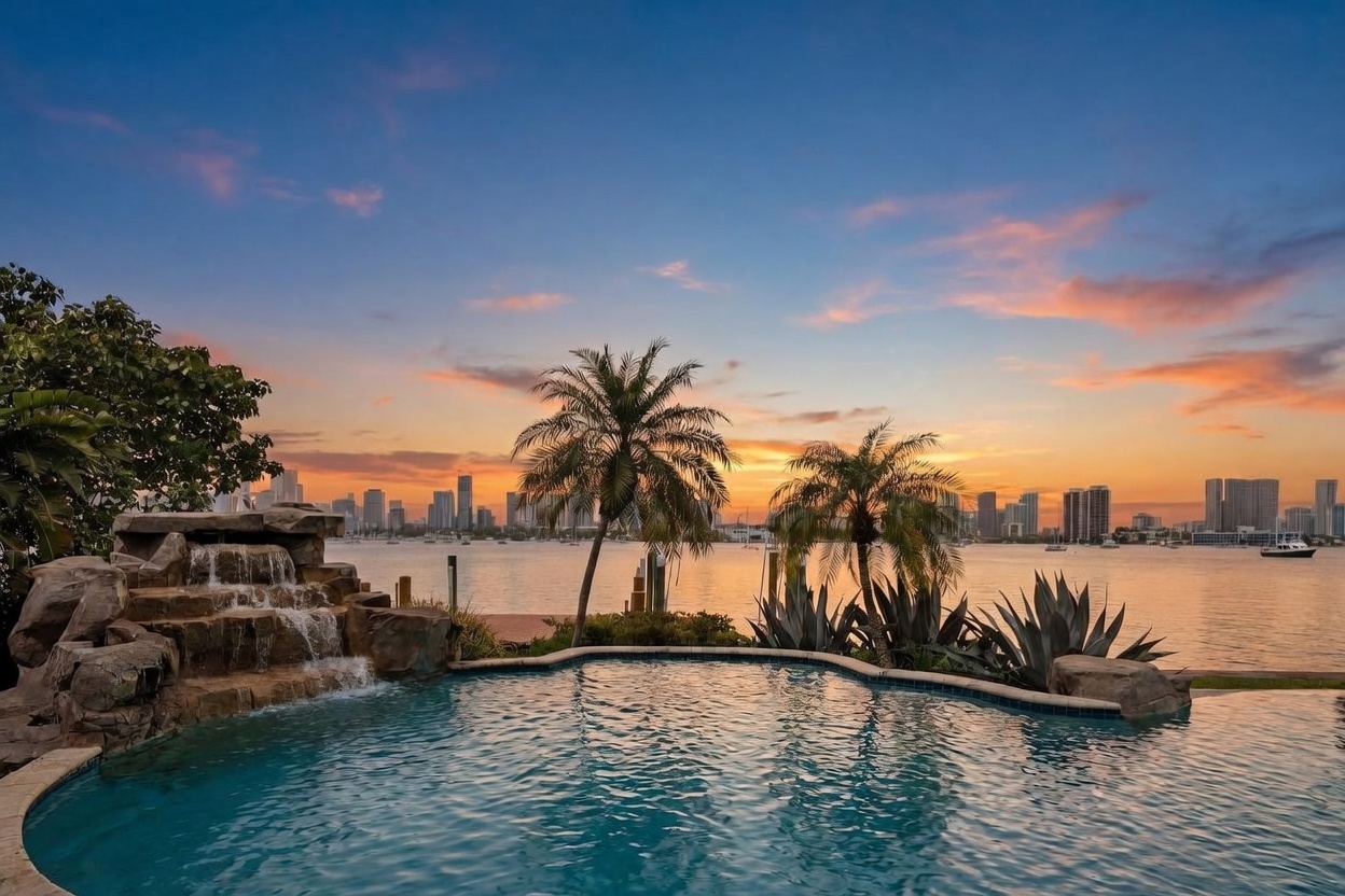 This stunning waterfront view features a custom-designed swimming pool with a naturalistic rock waterfall feature. The pool overlooks a calm bay with a distant city skyline silhouetted against a vibrant, colorful sunset. Lush tropical landscaping, including palm trees and agave plants, frames the scene, creating a serene and luxurious outdoor oasis.