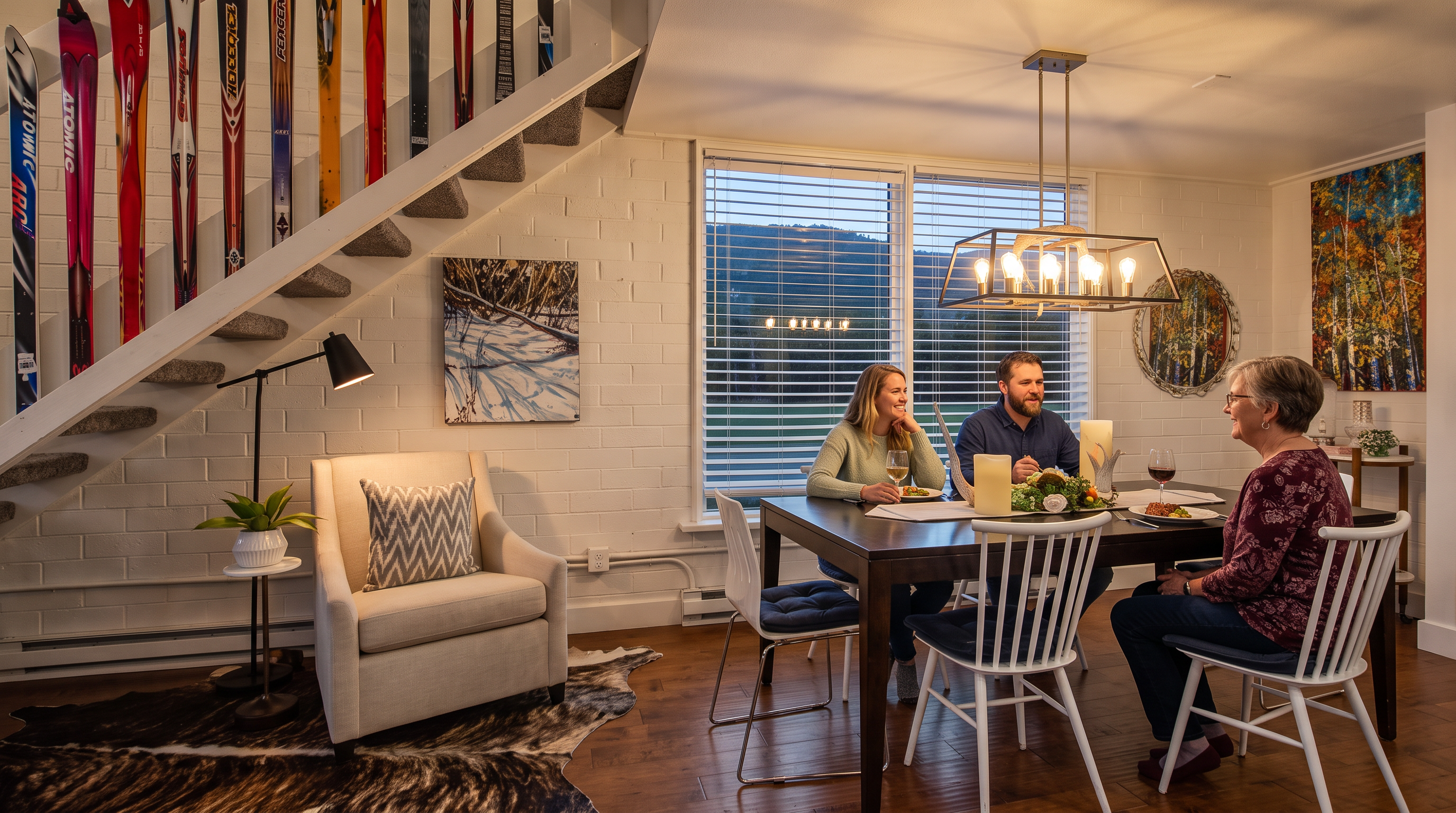 This cozy dining area features an open-concept design that seamlessly blends with a comfortable sitting space under a staircase adorned with wall-mounted skis. The room is warmly lit by an industrial-style chandelier above the dining table, creating an inviting atmosphere perfect for hosting. With wood flooring, clean white brick walls, and artistic decor, the space combines rustic charm with modern comfort, making it a standout feature for a potential buyer.