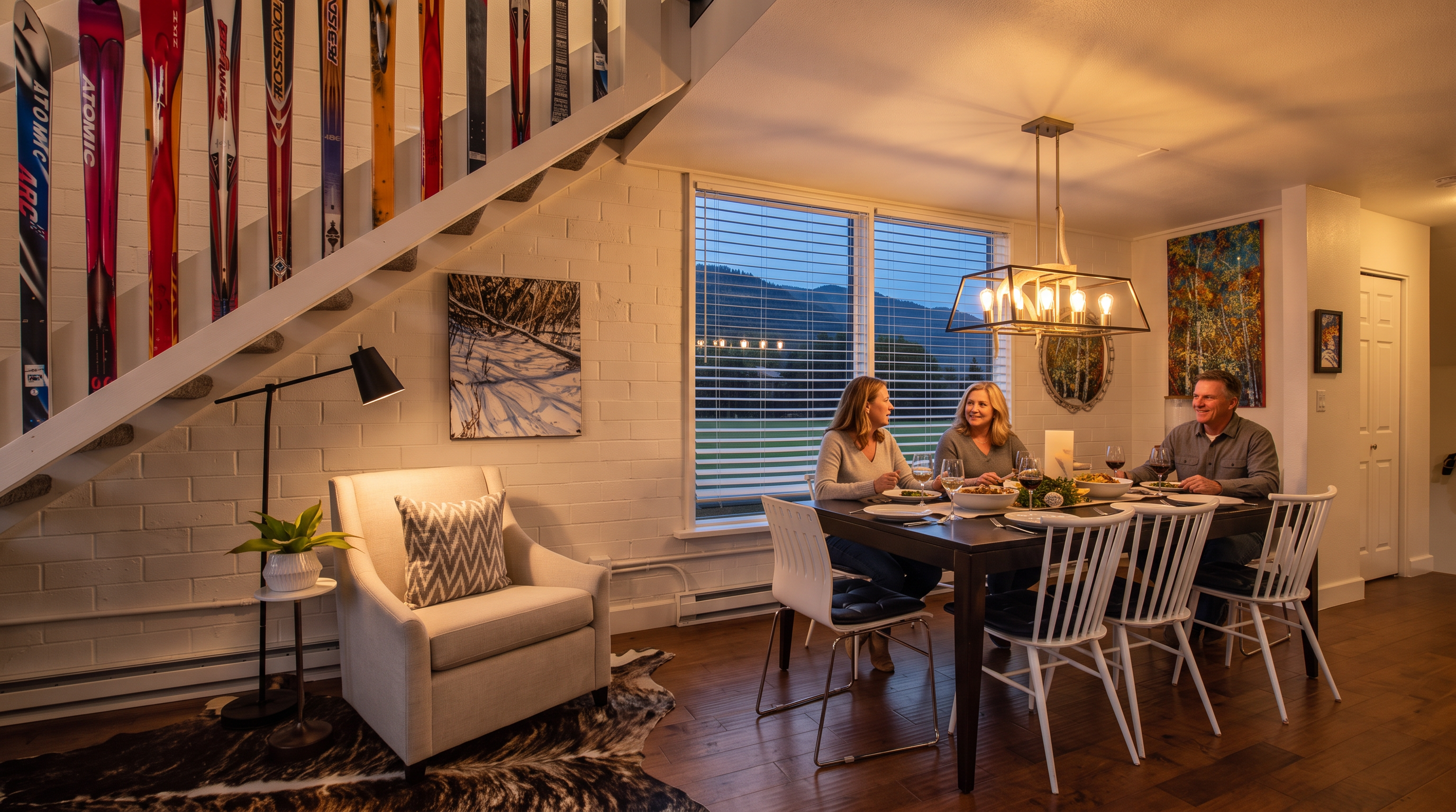 This inviting dining room features a warm, modern aesthetic with a wooden table seating three people under a unique antler-style chandelier. The room showcases a rustic ski-themed decor with skis mounted along the staircase wall, a textured cowhide area rug, and a cozy reading nook. Large windows with horizontal blinds frame a view of the mountains, creating a comfortable and scenic atmosphere.