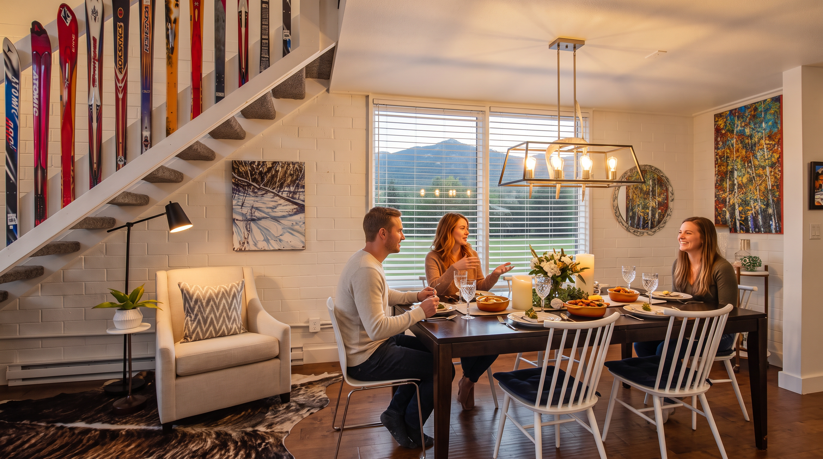 This charming dining room features a warm, inviting atmosphere with a wooden table seating three people, complemented by a unique antler chandelier overhead. The space includes a staircase lined with decorative vintage skis, a cozy armchair, and large windows that frame a scenic mountain view. The combination of white-painted brick walls, colorful nature-inspired artwork, and comfortable seating creates a cozy, mountain-chalet aesthetic perfect for entertaining.
