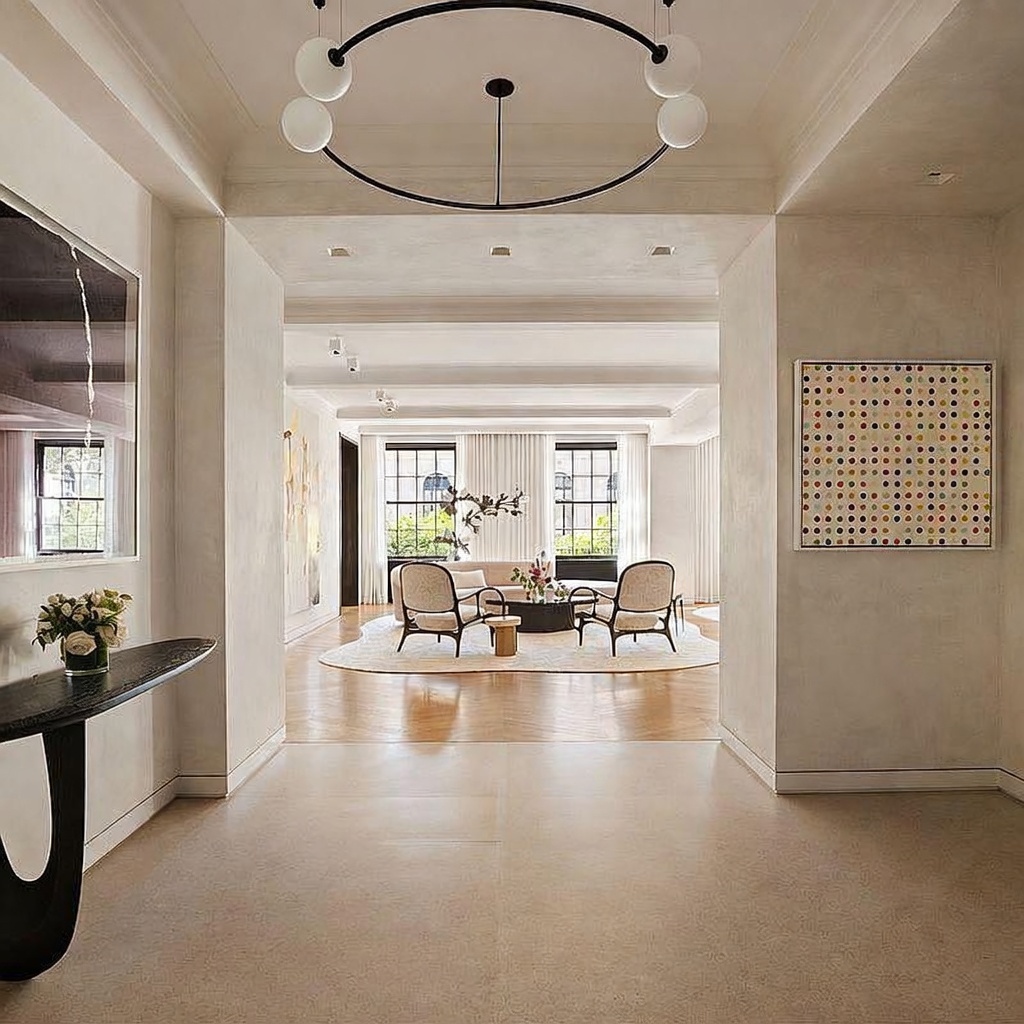 This elegant entryway transitions into a bright, open-concept living area, showcasing a sophisticated and minimalist design aesthetic. The foreground features a sleek, dark console table and a modern circular chandelier, while the background reveals a spacious living room with light wood flooring, two armchairs, and large windows that invite natural light. The neutral color palette and clean lines create a sense of airy, refined luxury throughout the space.