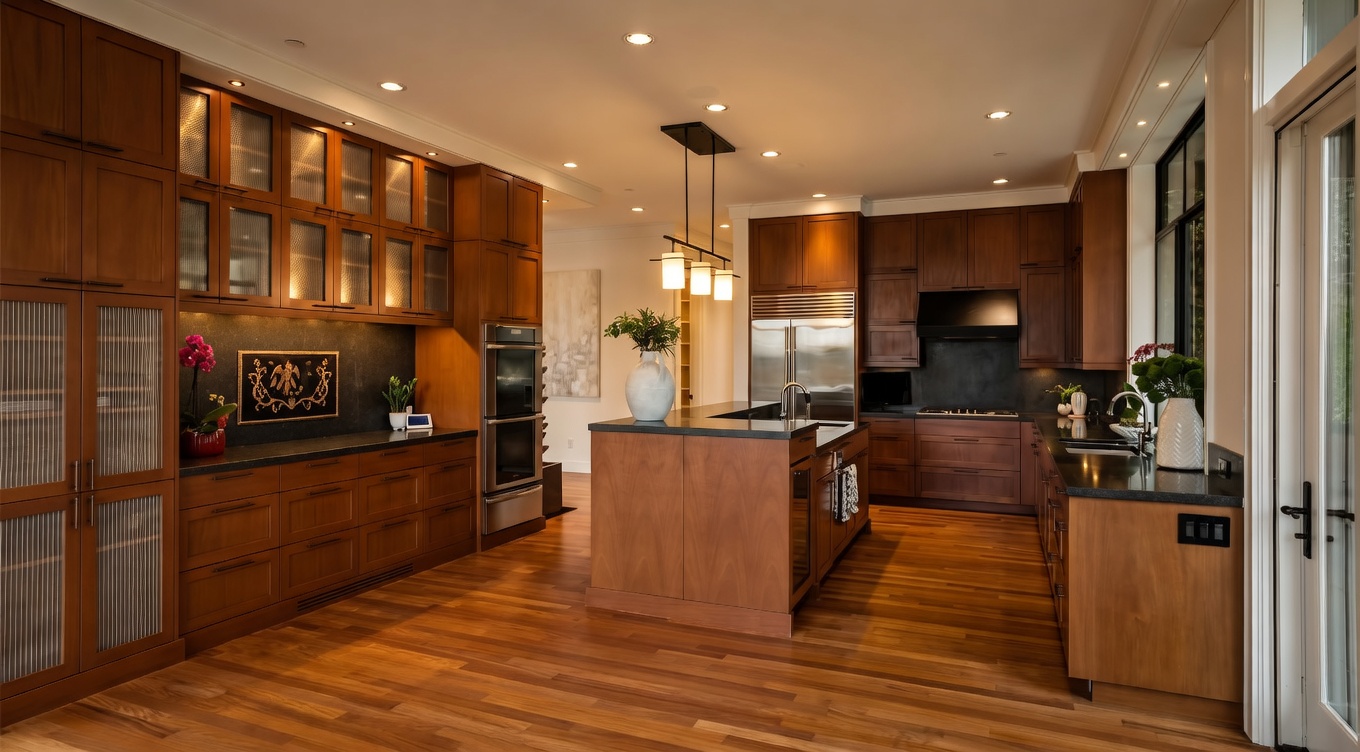 This spacious, modern kitchen features warm-toned wood cabinetry, dark stone countertops, and a central island with integrated appliances. The room is illuminated by recessed lighting and a trio of pendant lights hanging over the island, while large windows and a glass door provide ample natural light. The open-concept design flows seamlessly, showcasing a professional-grade refrigerator and a built-in double oven, creating a sophisticated and functional culinary space.