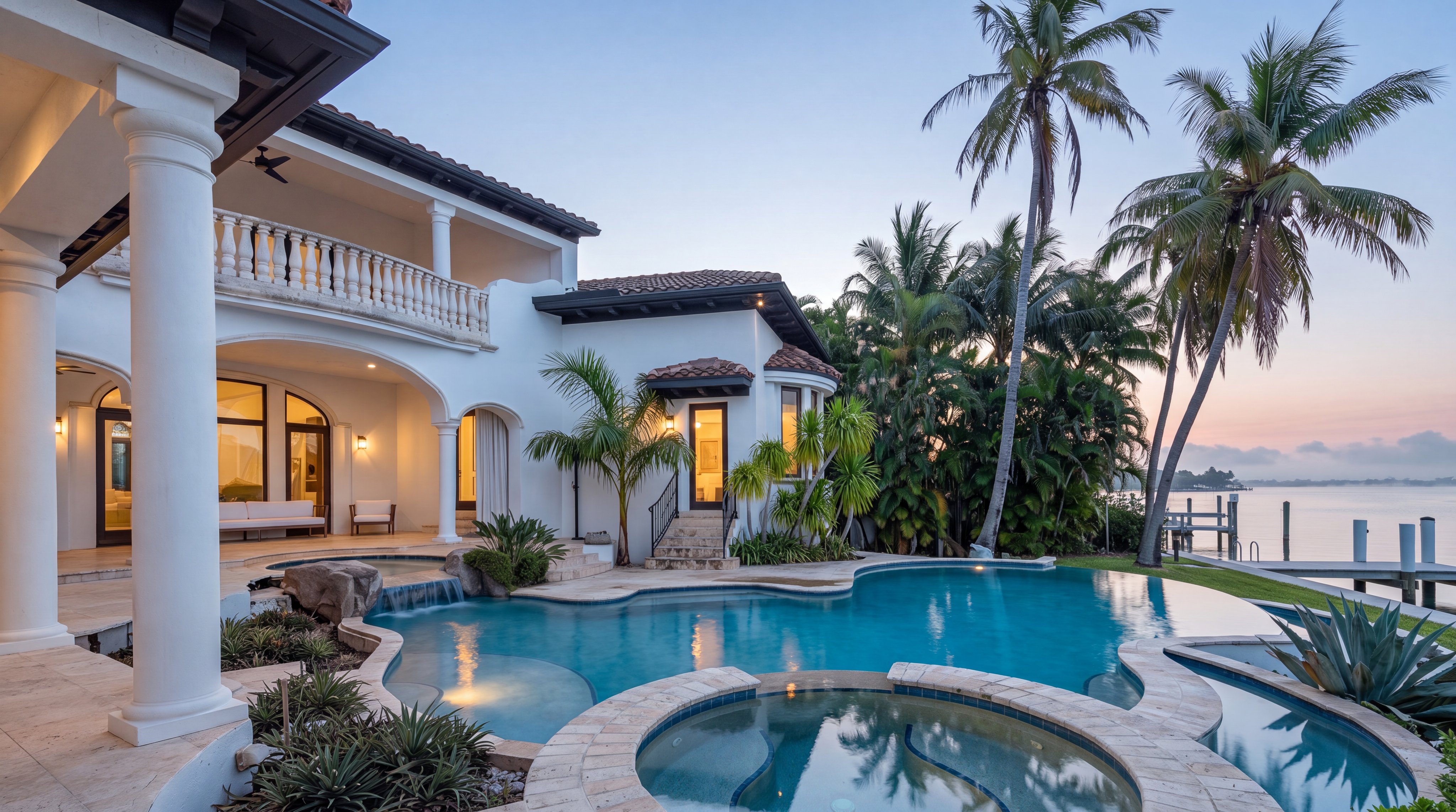 This luxurious waterfront estate showcases a stunning custom pool and spa area with a integrated rock waterfall feature and elegant travertine decking. The home features classic Mediterranean architecture with large white pillars, a second-story balcony, and warm interior lighting that spills out onto the expansive patio. The property is surrounded by mature palm trees and lush landscaping, creating a serene, resort-style atmosphere overlooking the calm bay water.