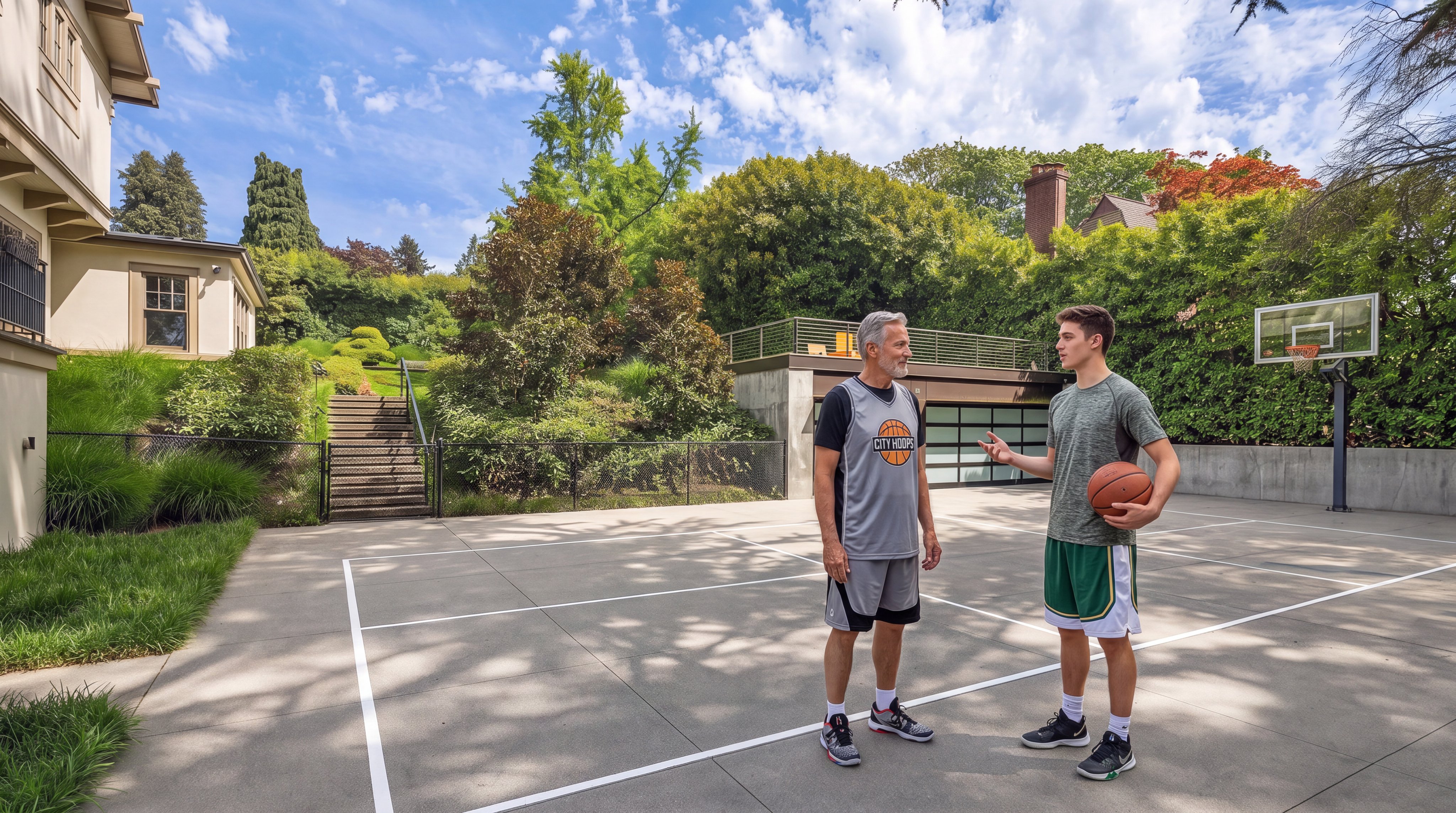 This outdoor space features a multi-purpose concrete court set up for pickleball or tennis, complete with a basketball hoop mounted on the side. A detached garage with a rooftop deck sits in the background, nestled against a lush, landscaped hillside with mature trees and a set of stairs leading up the slope. The scene captures a private, recreational backyard area that blends functional sports amenities with natural greenery.