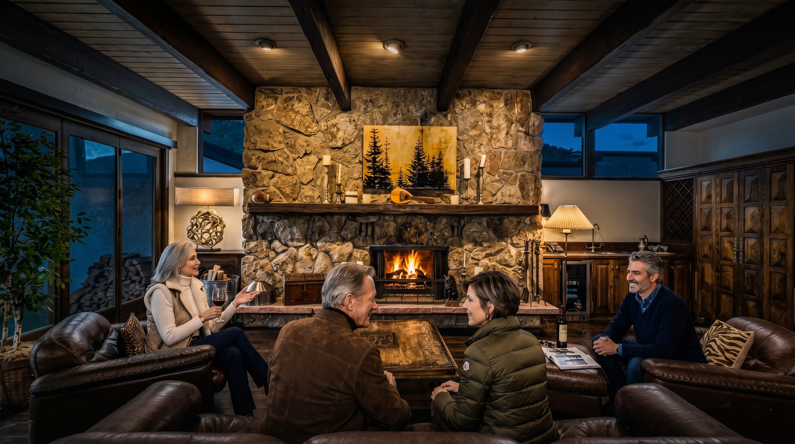 This rustic living room features a prominent stone-clad chimney breast centered between large windows and wood-paneled walls. The space is anchored by a large, weathered wood coffee table surrounded by plush leather seating, all set upon dark wood flooring. Exposed wooden ceiling beams and warm, recessed lighting create a cozy, lodge-like atmosphere.