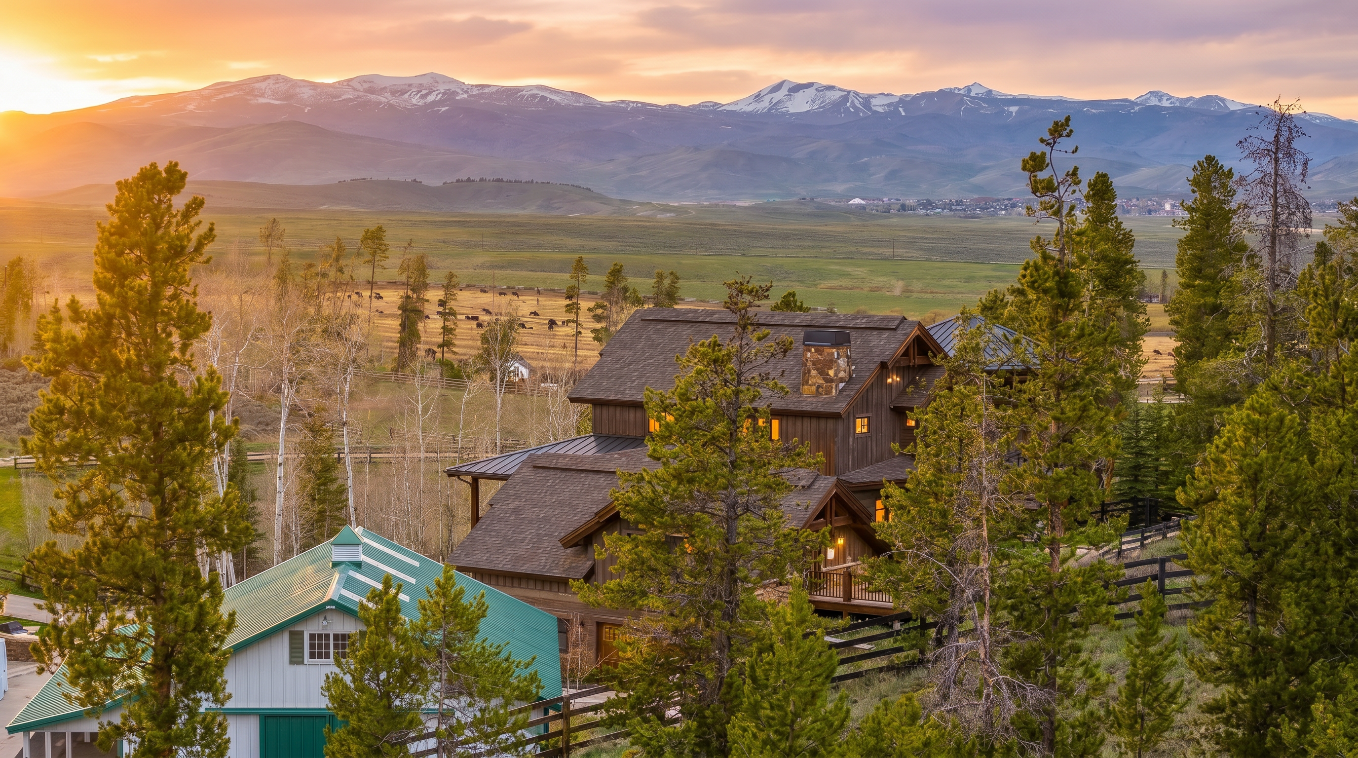 This elevated perspective captures a rustic, multi-level mountain home nestled among evergreen trees, featuring a dark wood exterior and a prominent stone chimney. In the foreground, a separate outbuilding with a vibrant green metal roof and white siding complements the main residence. The property overlooks a vast, open valley with grazing livestock, set against a dramatic backdrop of snow-capped mountain peaks under a bright, partly cloudy sky.