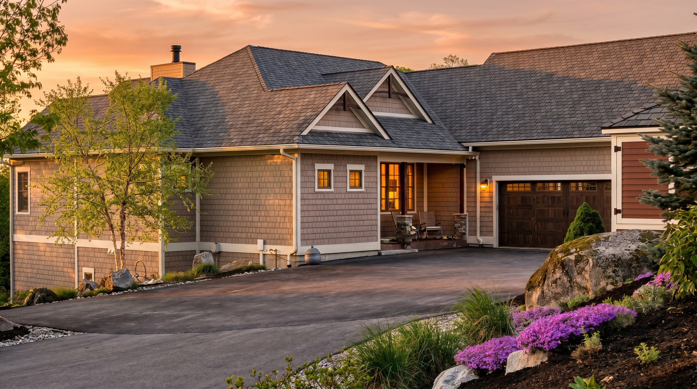 This front-facing view captures a charming craftsman-style home with shingle-style siding and a multi-gabled roofline. A paved driveway leads to a two-car garage, while a covered porch with stone-based columns provides a welcoming entryway. The foreground features a landscaped garden bed with vibrant purple flowers and large decorative boulders, creating a well-maintained and inviting curb appeal.
