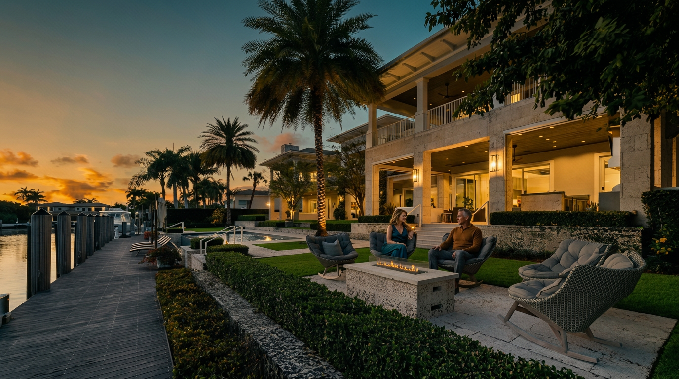 This luxurious waterfront estate features a multi-level rear exterior with a spacious covered patio and a manicured lawn. The scene includes a stone fire pit surrounded by comfortable outdoor seating, a private wooden dock extending into the canal, and lush tropical landscaping under a vibrant sunset sky. The architecture showcases a sophisticated design with large glass openings that seamlessly connect the indoor living spaces to the expansive outdoor entertainment area.