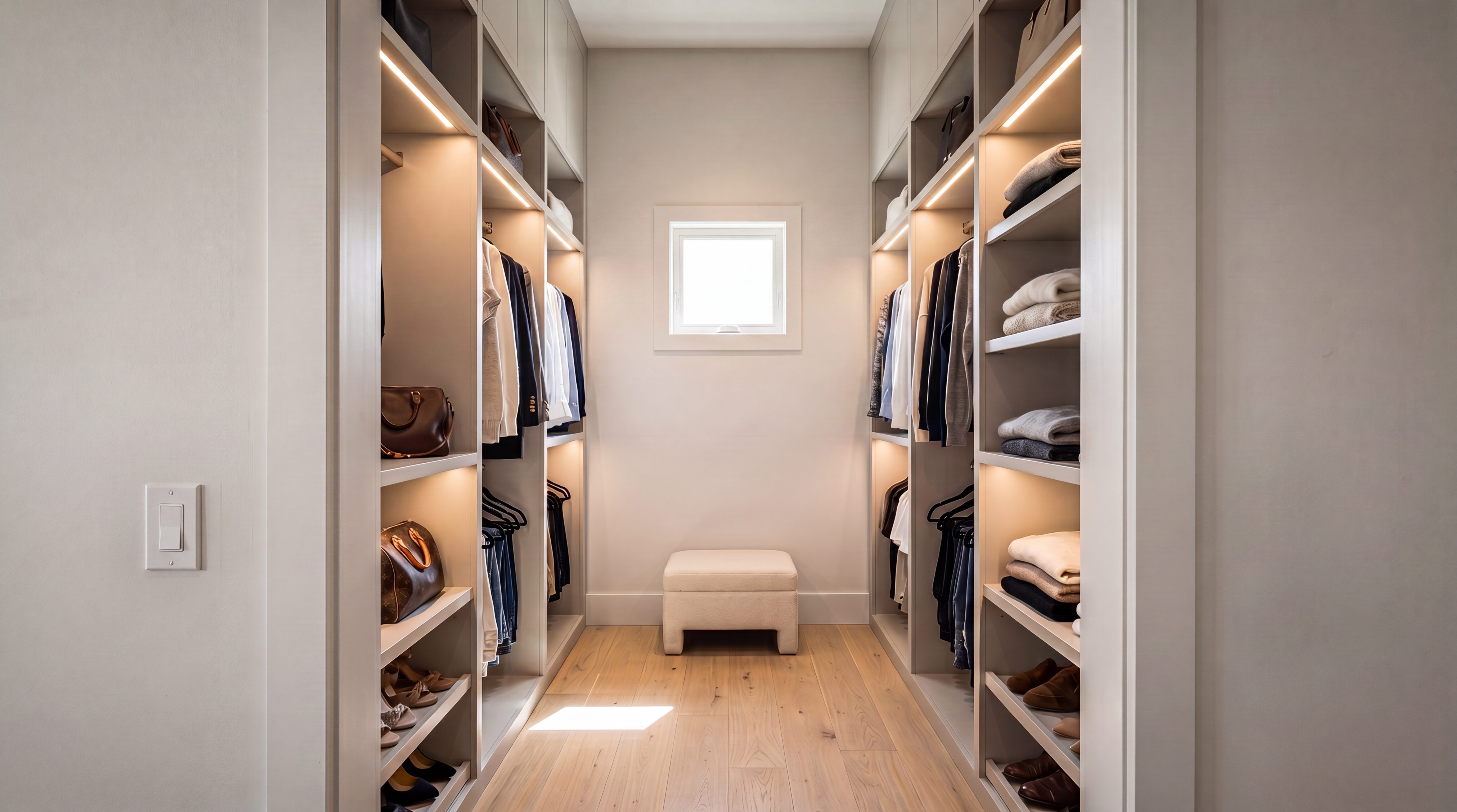 This elegantly organized walk-in closet features custom floor-to-ceiling cabinetry with built-in LED lighting and a light wood floor. The symmetrical design includes dedicated hanging racks for clothing, shelving displays for folded items and handbags, and a cozy central ottoman. A small window at the back adds natural light, creating a clean, high-end, and functional aesthetic perfect for a luxury primary suite.