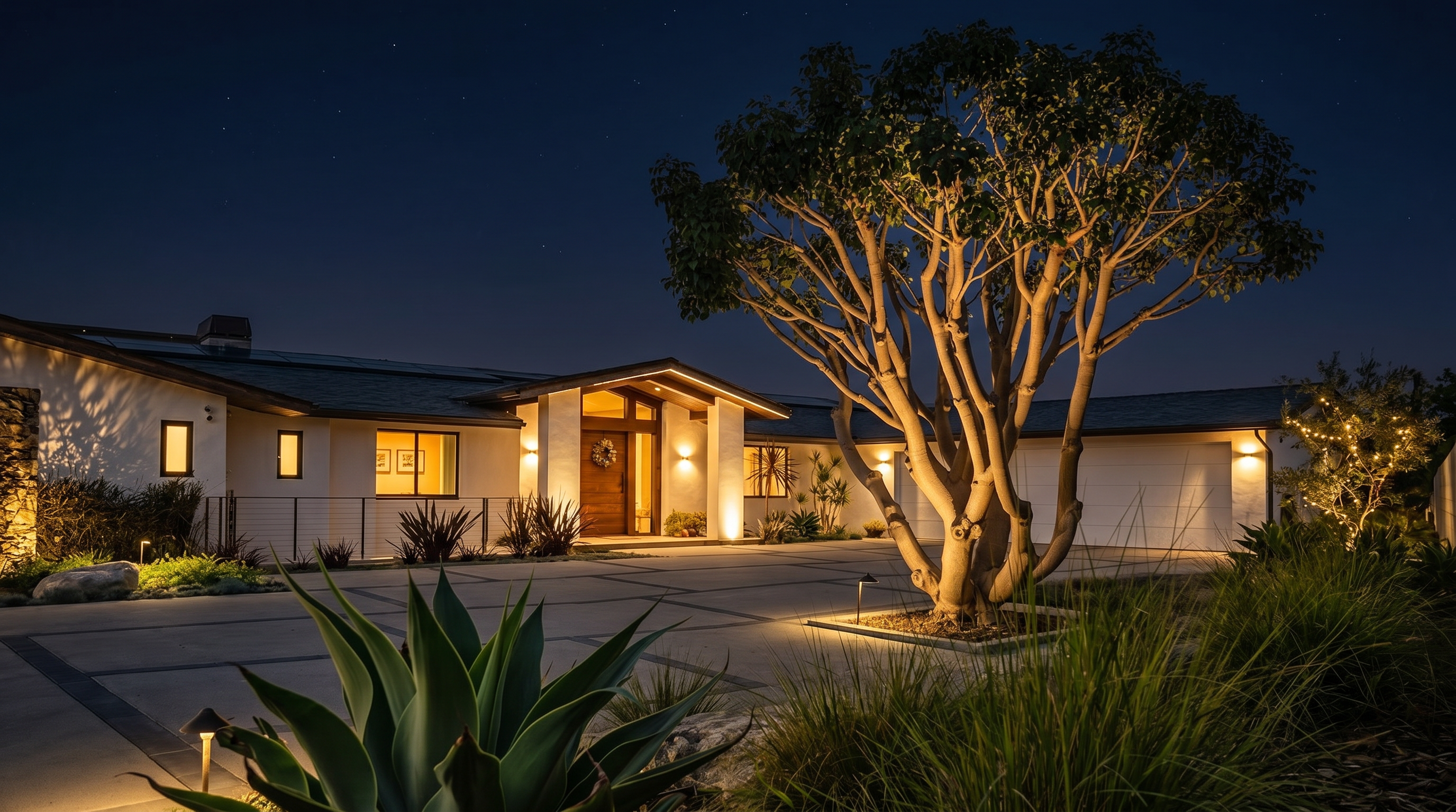 This front-facing view captures a modern, single-story residence set against a vibrant sunset sky. The home features a wide, paved driveway leading to a prominent wooden front door, flanked by clean white walls and a multi-car garage. A mature, sculptural tree serves as a focal point in the foreground, complemented by manicured landscaping and large agave plants that frame the perspective.