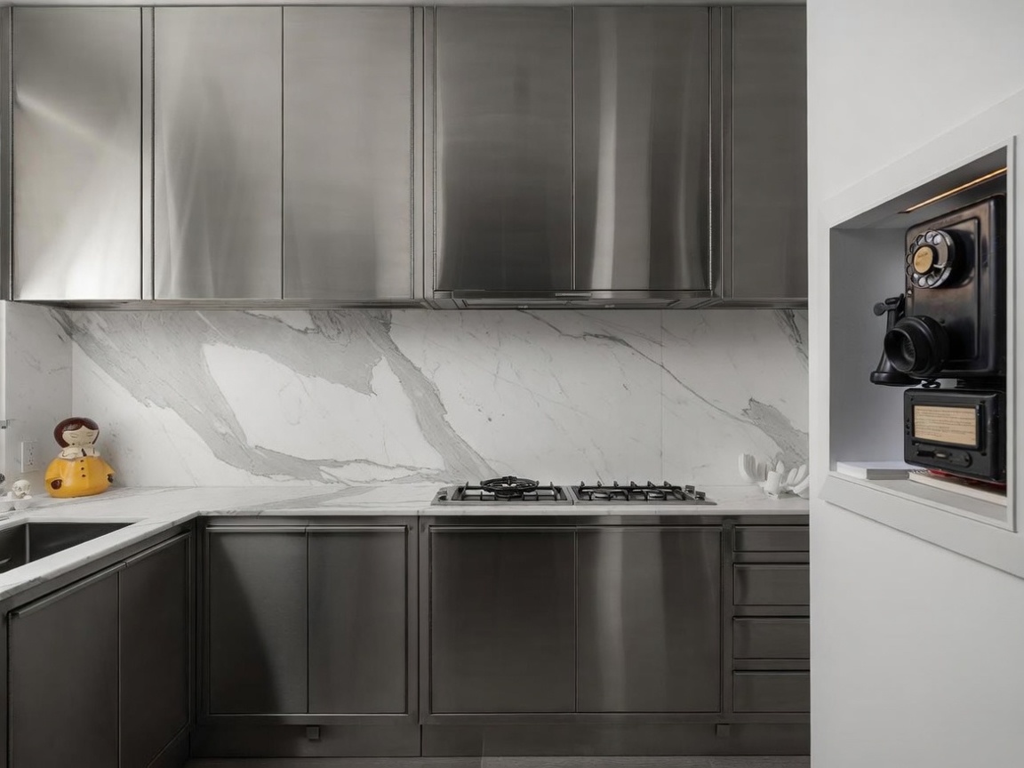 This modern kitchen features sleek, metallic-finish cabinetry paired with a striking stone backsplash that displays prominent veining. The space is equipped with a built-in gas cooktop and integrated appliances, creating a seamless and industrial-inspired aesthetic. A unique recessed wall niche on the right side displays a vintage-style telephone, adding a touch of character to the otherwise minimalist design.