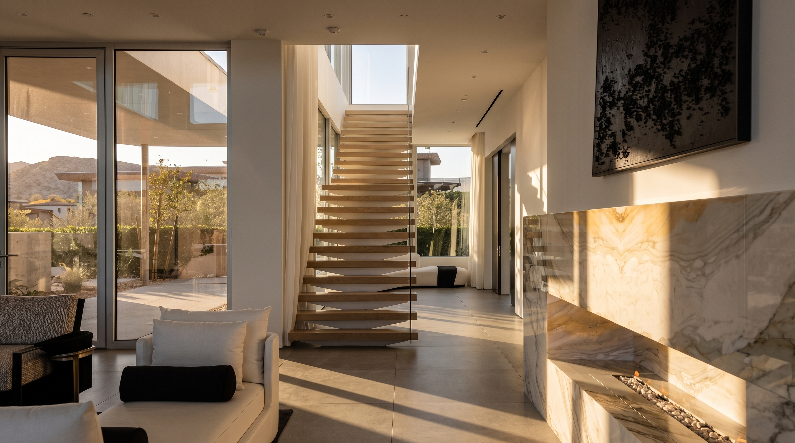 This modern interior space features a striking floating staircase with light wood treads and a glass railing, serving as the central architectural focal point. To the right, a fireplace with a prominent, veined stone surround adds texture, while large windows on the left and rear provide abundant natural light and views of the outdoor landscape. The open-concept design creates a seamless transition between the living area and the staircase, emphasizing a clean, minimalist aesthetic.