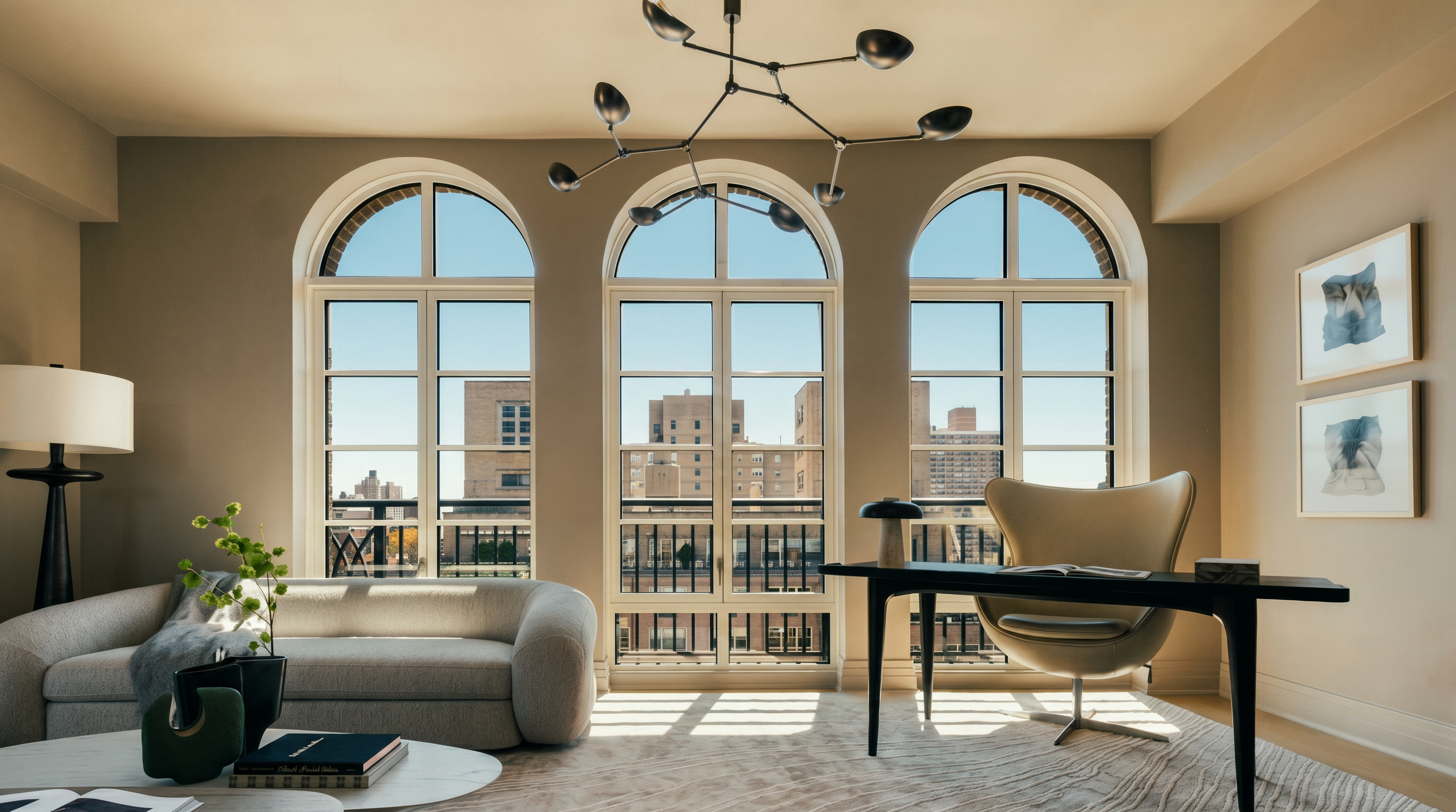 This sophisticated home office features a blend of modern and classic design elements, anchored by three large arched windows that flood the space with natural light. The room is furnished with a sleek, dark-toned desk paired with a sculptural cream-colored swivel chair, complemented by a curved sofa and a textured area rug. The neutral color palette and minimalist decor create a serene, professional atmosphere suitable for a high-end residence.