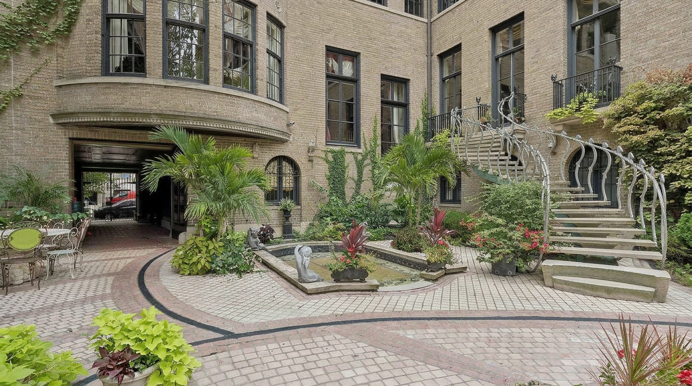 This elegant, private courtyard features a central stone fountain surrounded by lush tropical plants and mature greenery. A distinctive, ornate metal staircase curves gracefully along the brick building's exterior, leading to an upper level, while a paved patio area provides a sophisticated space for outdoor seating. The scene is captured from a ground-level perspective, emphasizing the architectural charm and tranquil atmosphere of this secluded urban oasis.