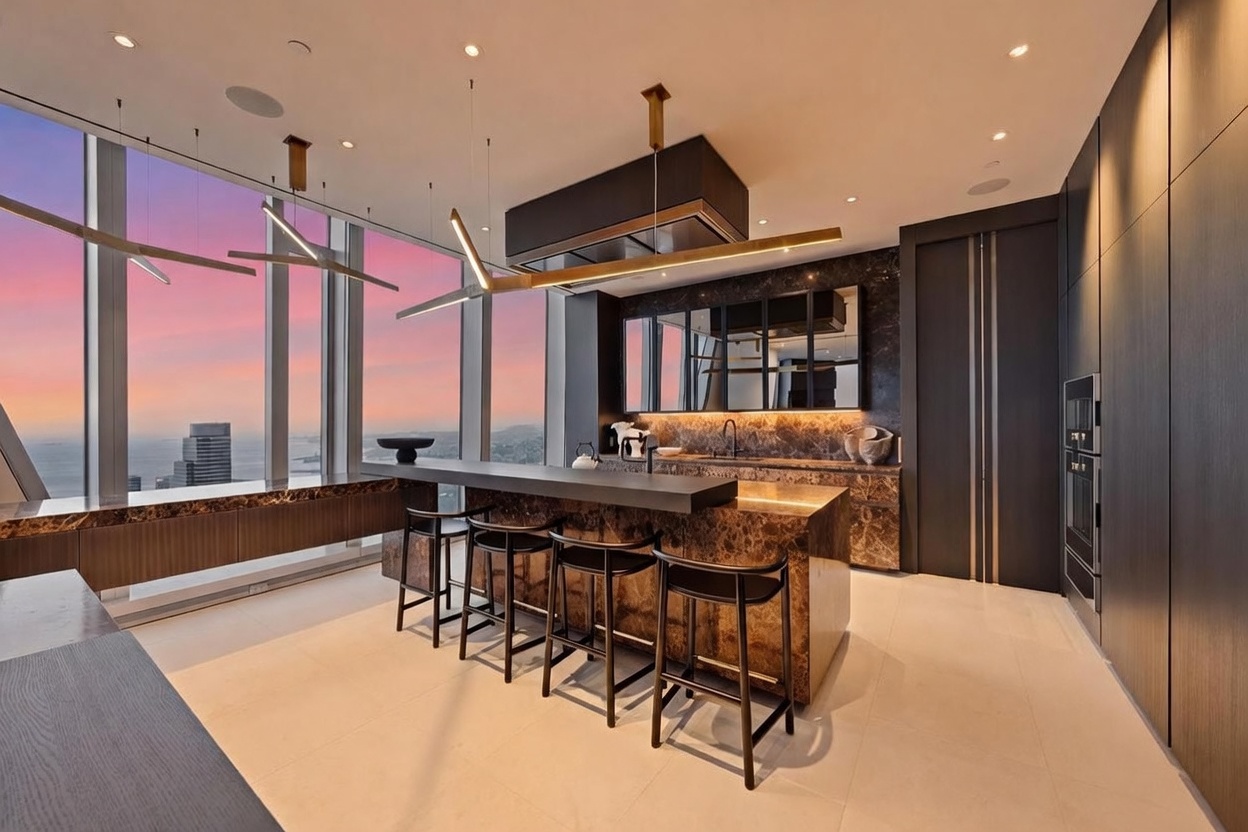 This sophisticated, high-rise kitchen features a large stone-clad island with integrated seating and a sleek, dark-toned cabinetry wall. Floor-to-ceiling windows provide a panoramic view of the city skyline at sunset, bathing the space in warm, ambient light. The minimalist design is complemented by modern geometric pendant lighting and a seamless, open-concept layout.