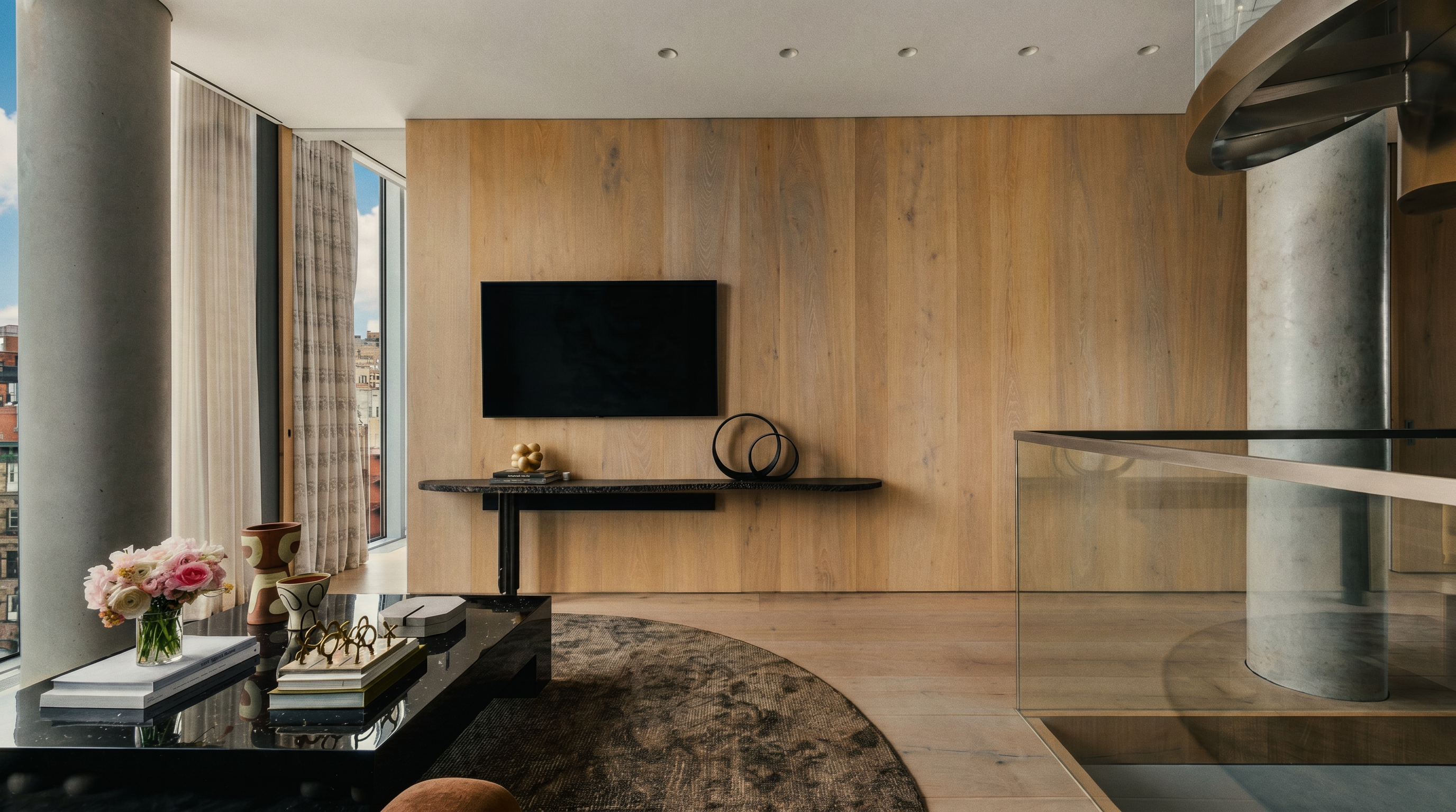 This sophisticated living room features a prominent light wood paneled wall that serves as a backdrop for a wall-mounted television and a sleek, minimalist console table. A dark, polished coffee table sits atop a circular textured rug, complemented by a soft-toned armchair in the foreground. The space is defined by a modern aesthetic, incorporating a glass railing, a concrete structural column, and large windows that invite natural light into the open-plan area.