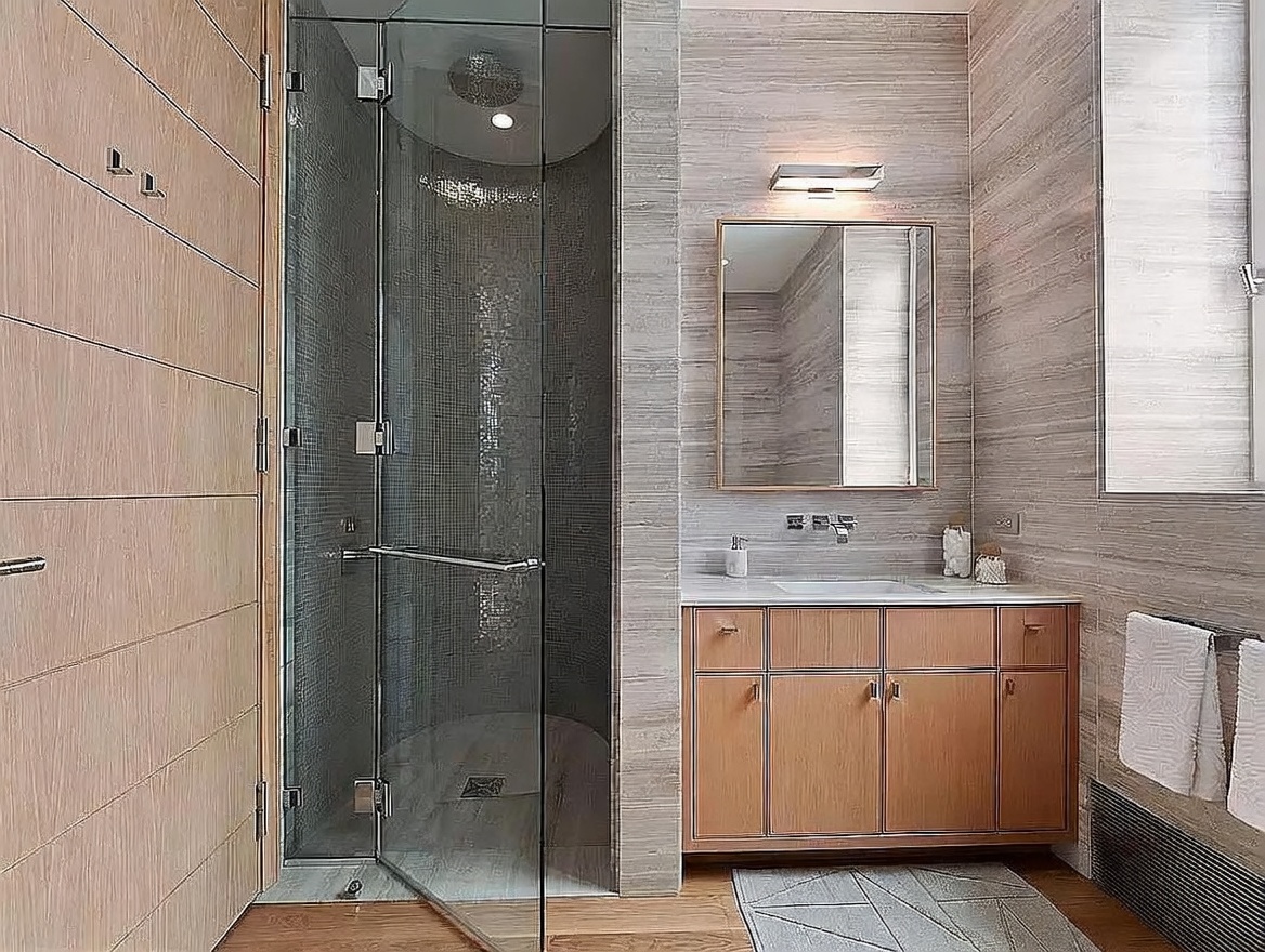 This modern bathroom features a sleek, curved glass-enclosed shower with mosaic tile walls and a light wood vanity topped with a clean white counter. The walls are finished in horizontal-patterned stone, creating a sophisticated and textured aesthetic. A rectangular mirror with a light fixture above it sits centered over the vanity, while a window to the right provides natural light.