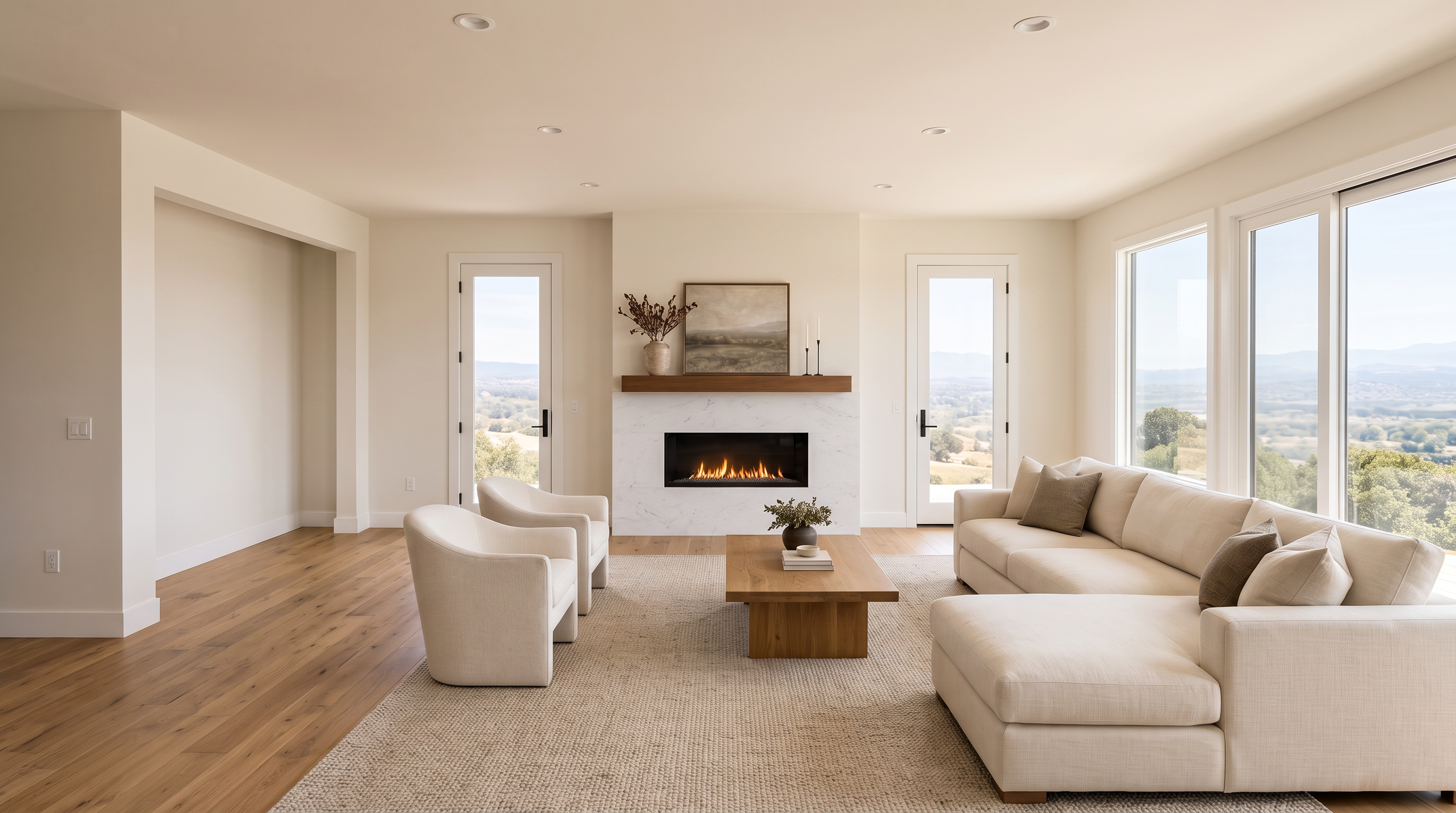 This bright and inviting living room features a sleek white marble fireplace flanked by two glass-paned doors that frame expansive hillside views. The space is comfortably furnished with a large neutral sectional, two additional armchairs, and a warm-toned wooden coffee table, all set upon a textured area rug. With its light hardwood floors and minimalist decor, the room offers a sophisticated, modern, and airy atmosphere perfect for relaxing.