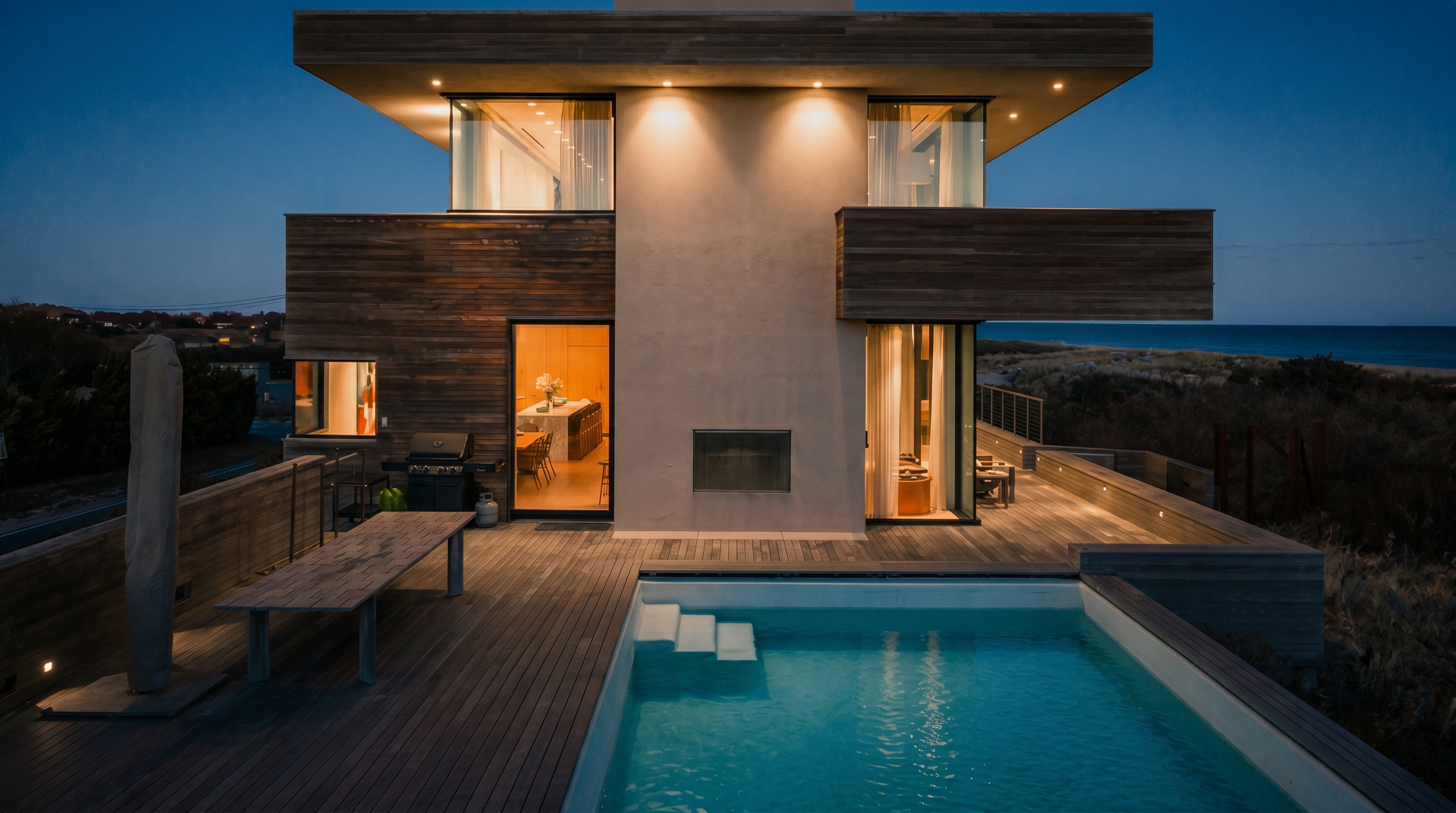 This modern, multi-level residence features a striking architectural design with horizontal wood siding and a central stucco-clad chimney breast. The rear deck provides a seamless transition to a rectangular swimming pool, overlooking a coastal landscape at dusk. Large windows and glass doors offer a clear view into the illuminated interior, creating a sophisticated and inviting atmosphere.