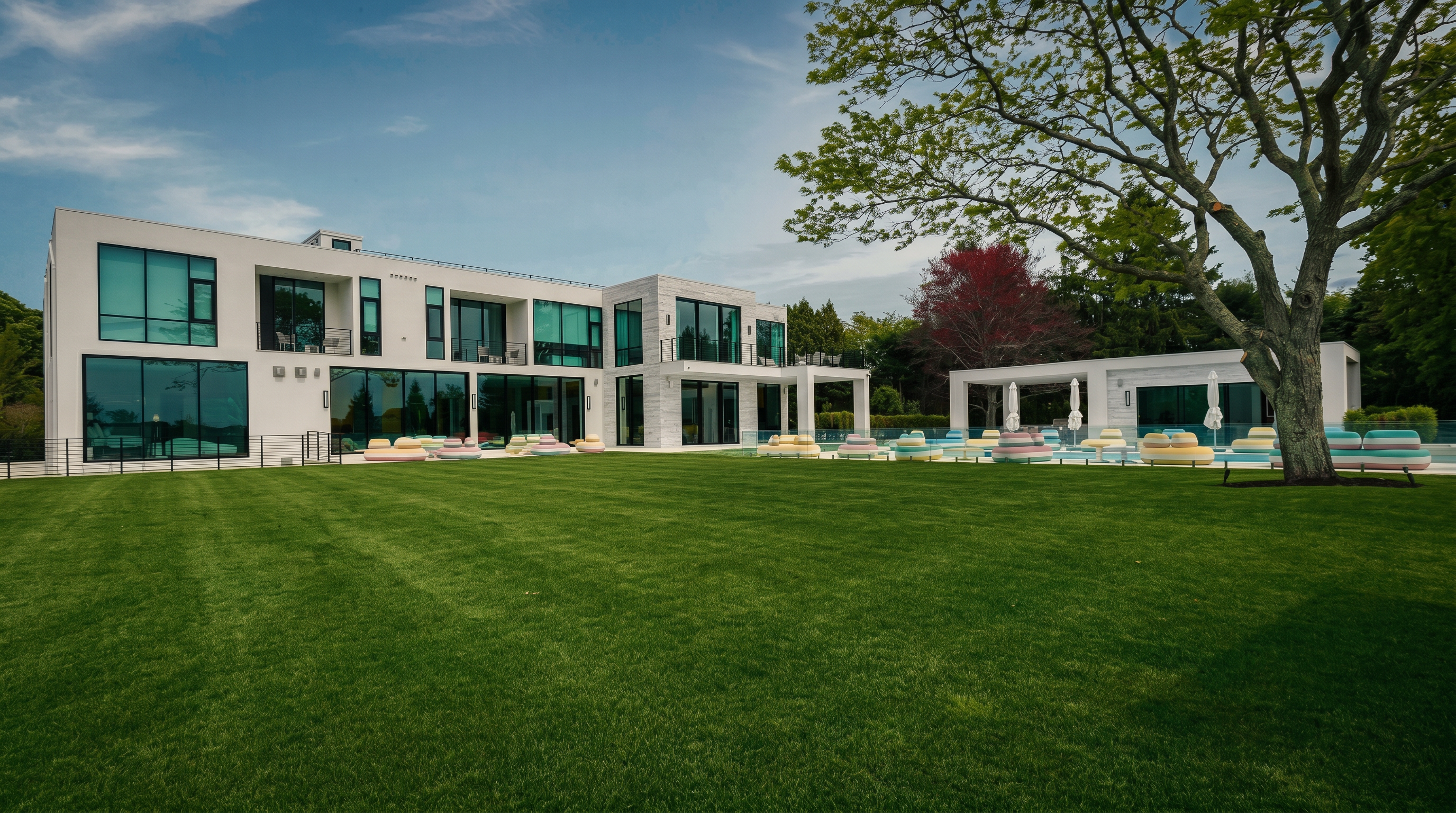 This expansive modern estate features a striking white facade with extensive glass walls that provide a seamless connection to the outdoors. A vast, manicured lawn stretches toward the home, which includes a large swimming pool area lined with colorful, contemporary outdoor seating. The scene is framed by a mature, sprawling tree in the foreground, emphasizing the property's generous grounds and sophisticated architectural design.