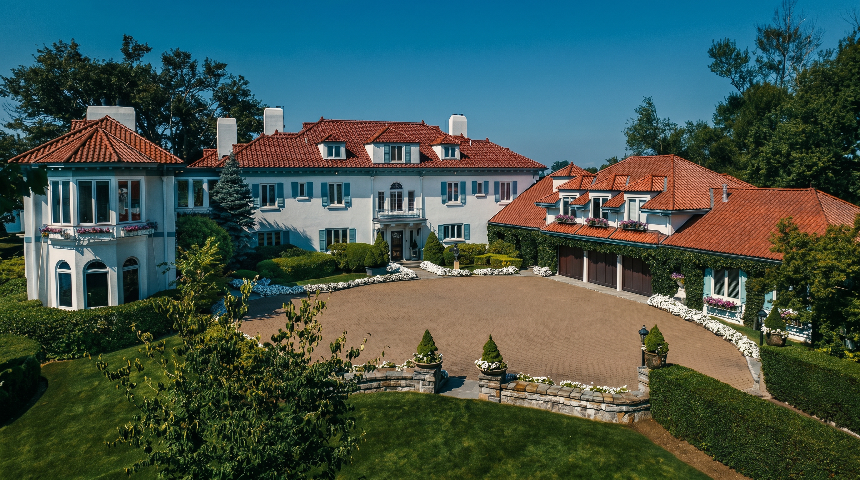 This aerial perspective captures a grand, Mediterranean-inspired estate featuring a white stucco facade, a prominent red tile roof, and a sweeping circular driveway. The property is surrounded by lush, manicured landscaping, including mature trees, neatly trimmed hedges, and vibrant flower beds. The architectural design includes a distinct turret-style wing on the left and an integrated garage wing on the right, creating a balanced and stately appearance.