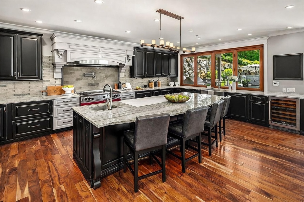 This spacious, high-end kitchen features a large central island with seating for four, topped with a light-toned stone surface. The room is anchored by dark cabinetry, a professional-grade range with a custom hood, and warm-toned wood flooring. Large windows above the sink area provide a bright, scenic view of the outdoor landscape, creating an inviting and sophisticated atmosphere.