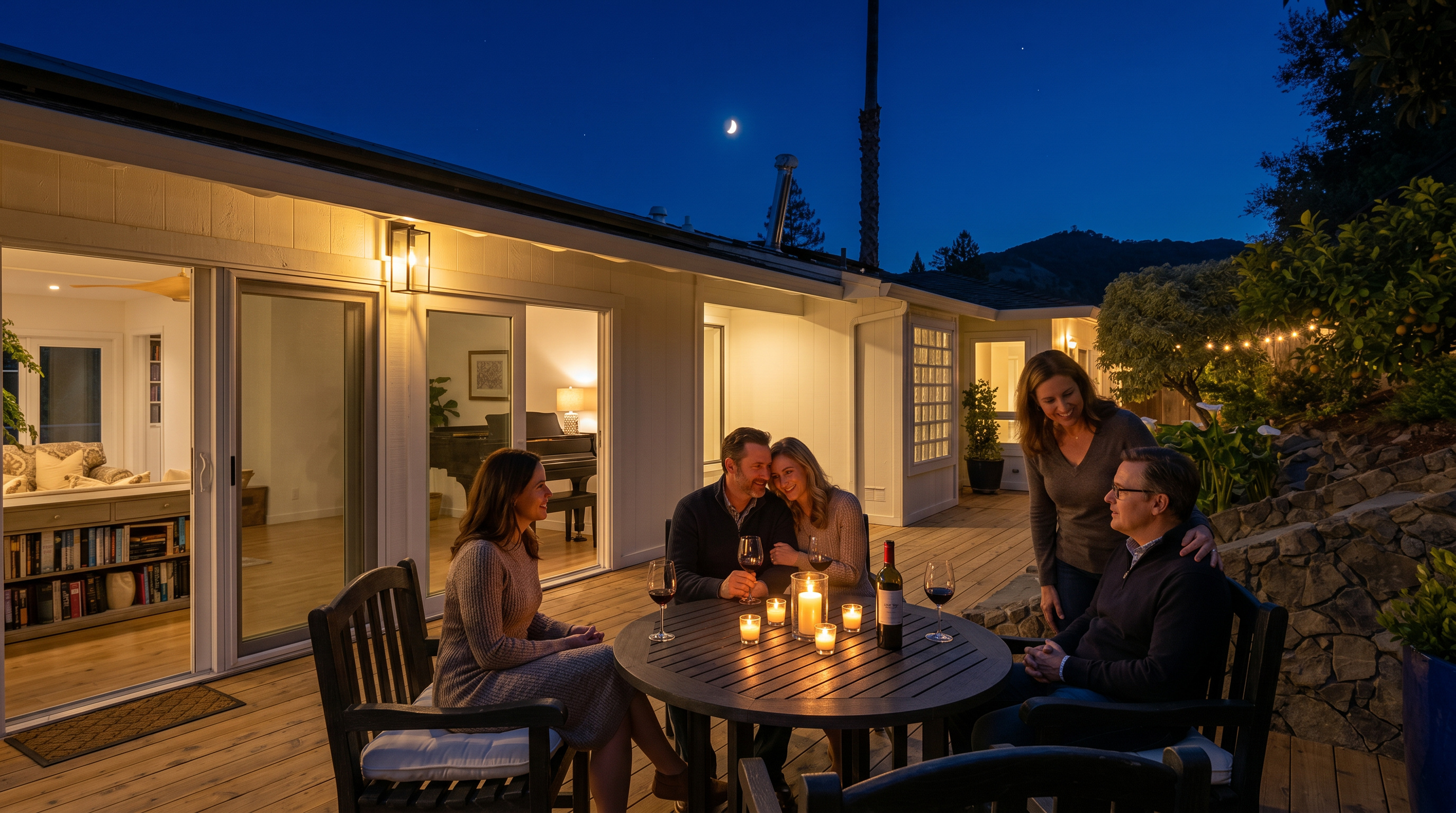 This image captures a spacious wooden deck featuring a round outdoor dining set, perfect for al fresco entertaining. Large sliding glass doors provide a seamless transition from the interior living space to the outdoor area, which is bordered by a rustic stone retaining wall and lush hillside landscaping. The bright, sunny atmosphere and clear blue sky create an inviting and tranquil outdoor retreat.