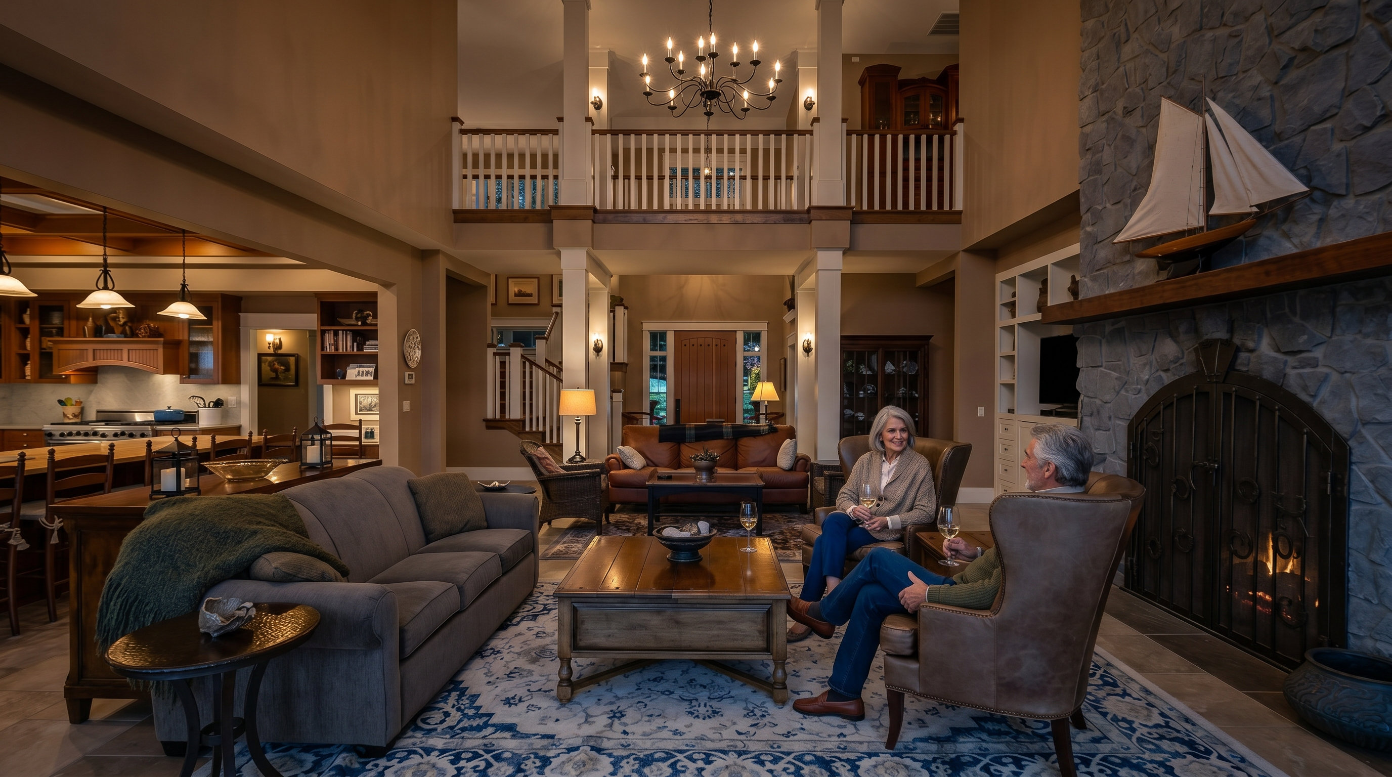 This expansive open-concept living area features a soaring vaulted ceiling and a prominent stone-clad chimney breast that serves as a focal point. The space is anchored by a large patterned area rug, a plush gray sofa, and leather armchairs, creating a warm and inviting atmosphere. A view through the center of the room reveals a secondary seating area and a grand entryway, while a kitchen with a long island is visible to the left, showcasing the home's spacious and interconnected layout.